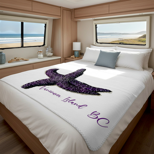 Van Isle Goddess purple starfish Vancouver Island BC double minky blanket with grey back and blanket stitch finish.