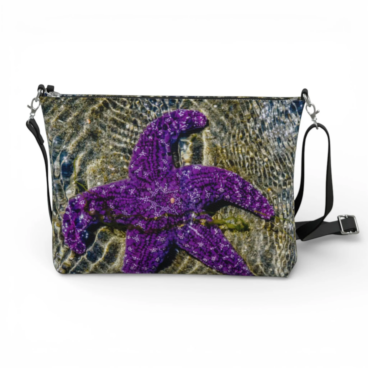 Van Isle Goddess purple starfish vegan leather crossbody purse with adjustable strap and metal hardware.