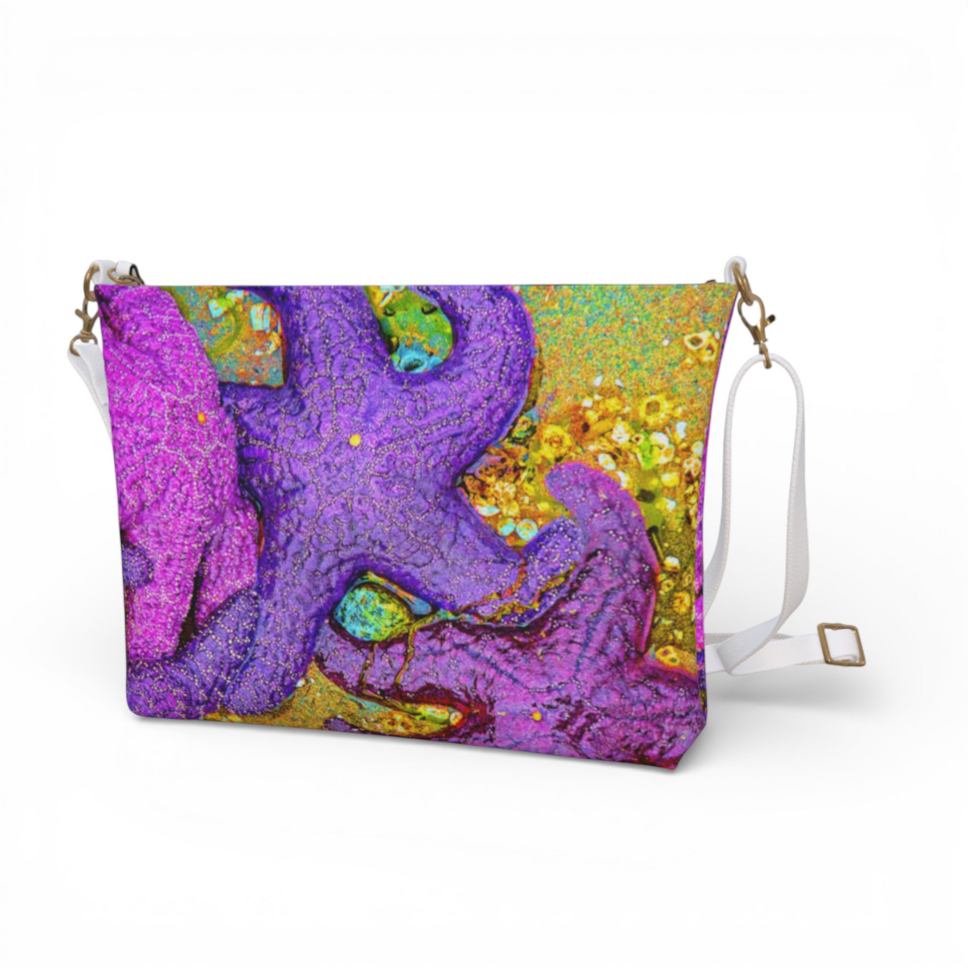 Van Isle Goddess purple starfish cluster vegan leather crossbody purse with adjustable white strap.