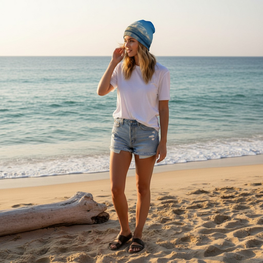 Van Isle Goddess Qualicum Beach Beanie with sky and cloud print, bamboo lined, slouchy fit, perfect for outdoor activities.