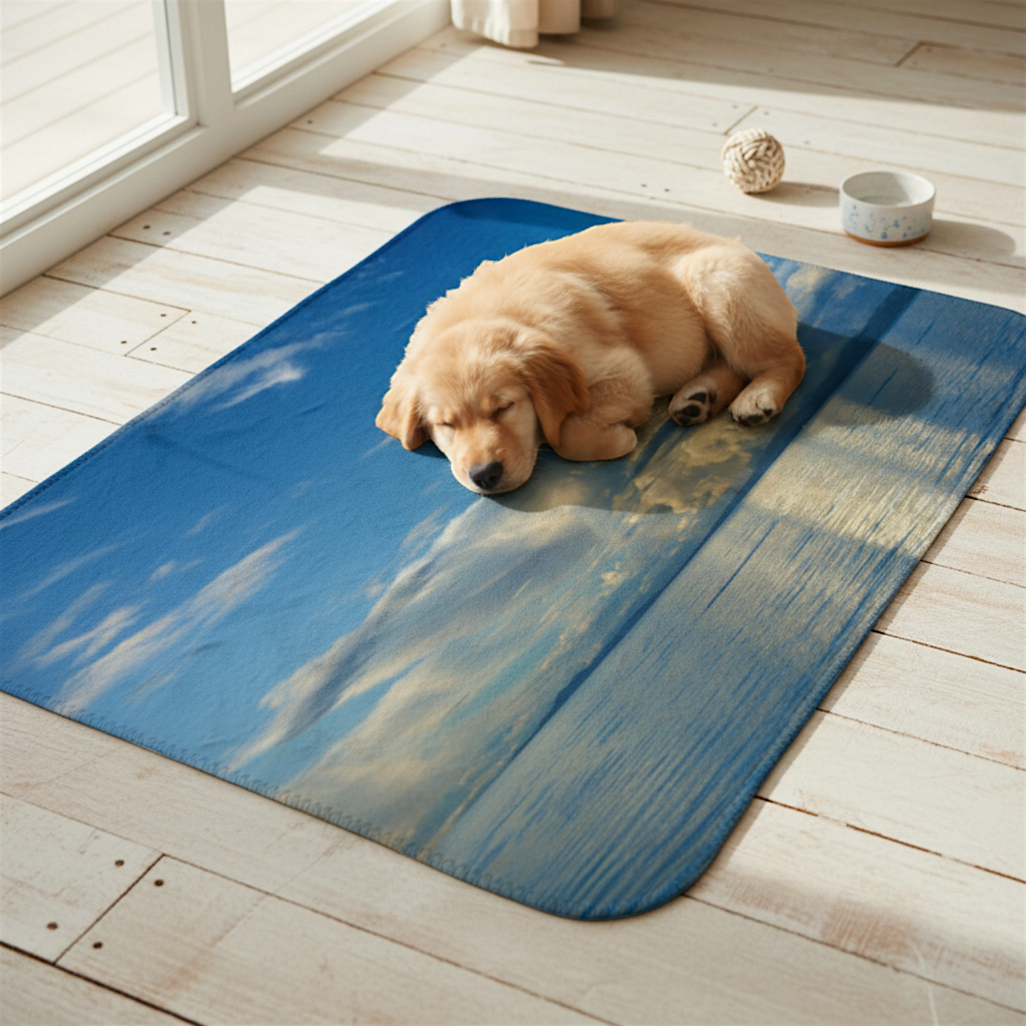 Van Isle Goddess Qualicum Beach coastal blanket, featuring a serene ocean view with dramatic clouds and reflections. Made of soft minky fabric.