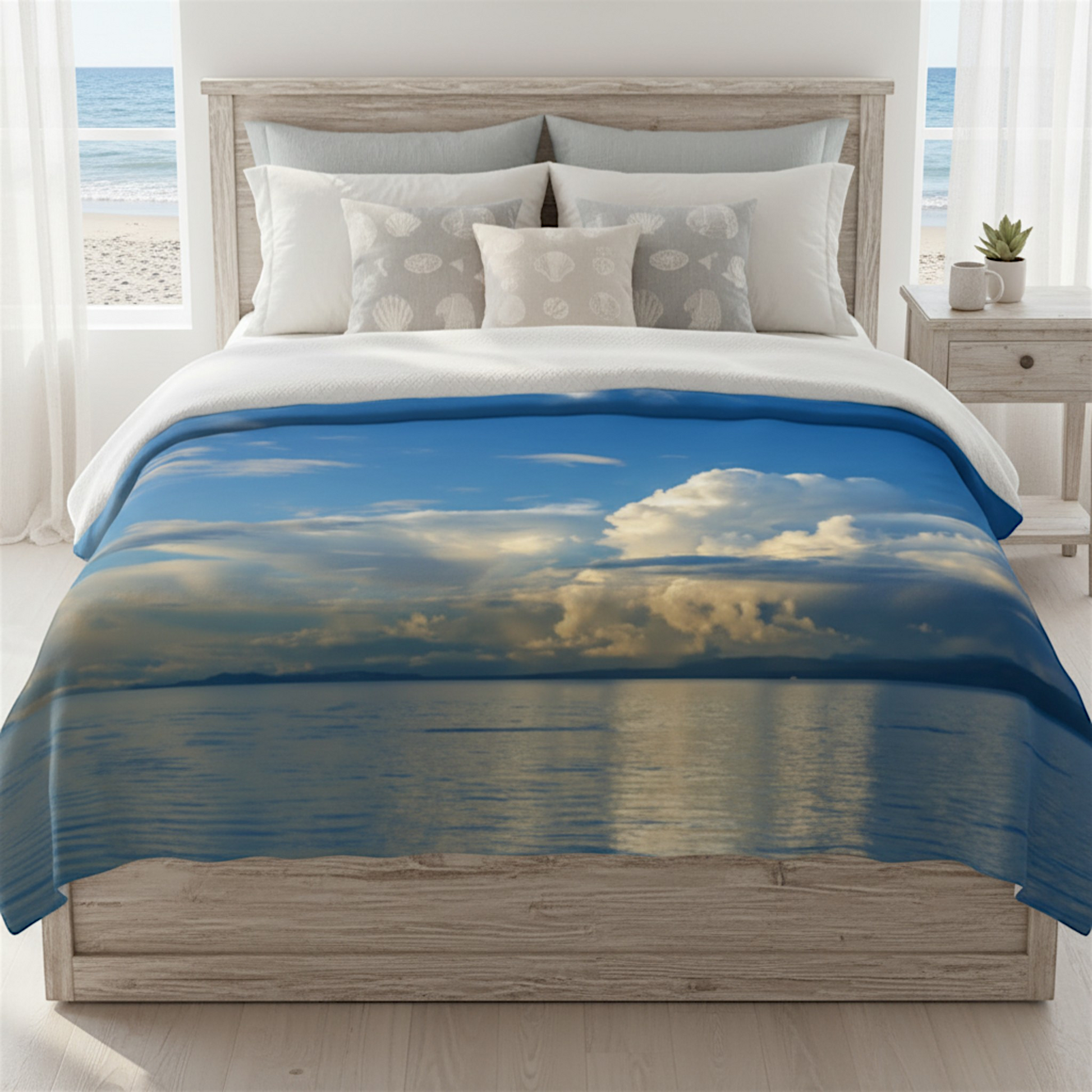 Van Isle Goddess Qualicum Beach coastal blanket with blue sky, clouds, and ocean reflection. Soft polyester minky fabric.