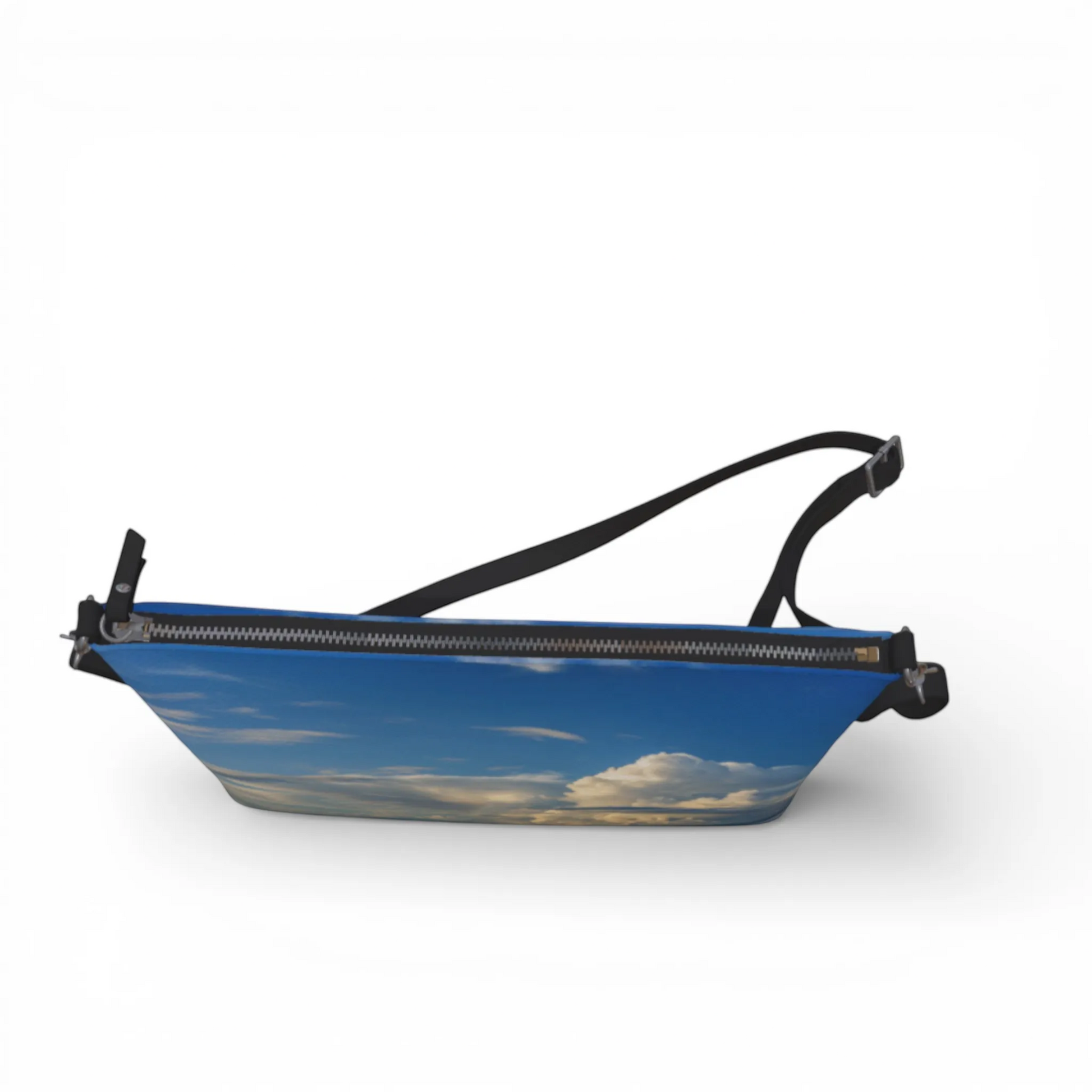 Van Isle Goddess Qualicum Beach crossbody purse with sky and cloud print, vegan leather, adjustable strap, metal zipper.