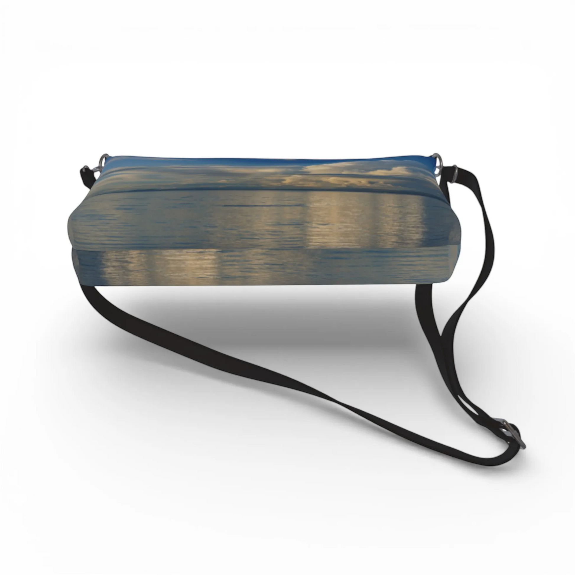 Van Isle Goddess Qualicum Beach vegan leather crossbody purse with adjustable strap and ocean sunset print.