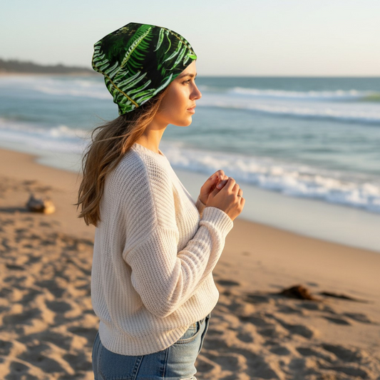 Van Isle Goddess black beanie with green fern print and bamboo lining, perfect for outdoor adventures.