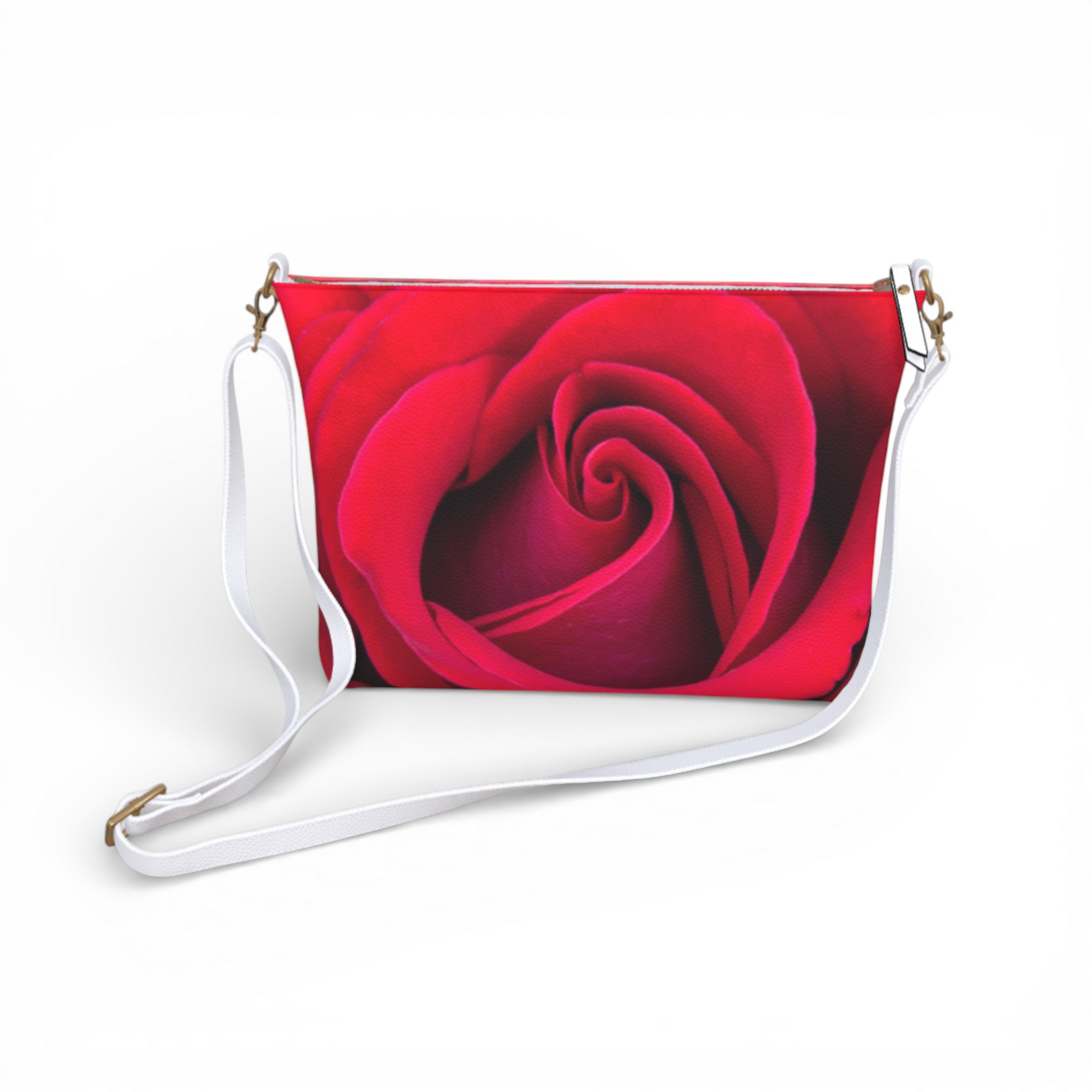 Van Isle Goddess red rose vegan leather crossbody purse with adjustable white strap and metal hardware.