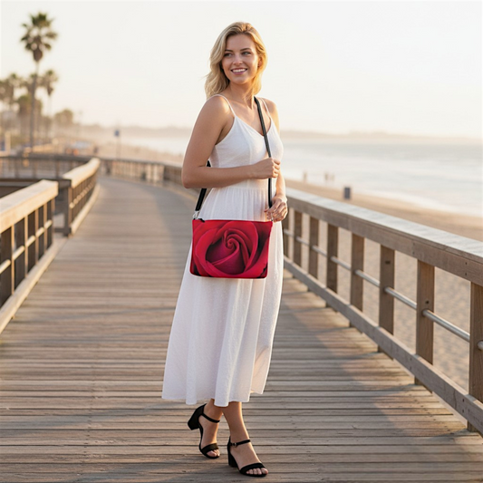 Van Isle Goddess red rose vegan leather crossbody purse with adjustable strap and metal hardware.
