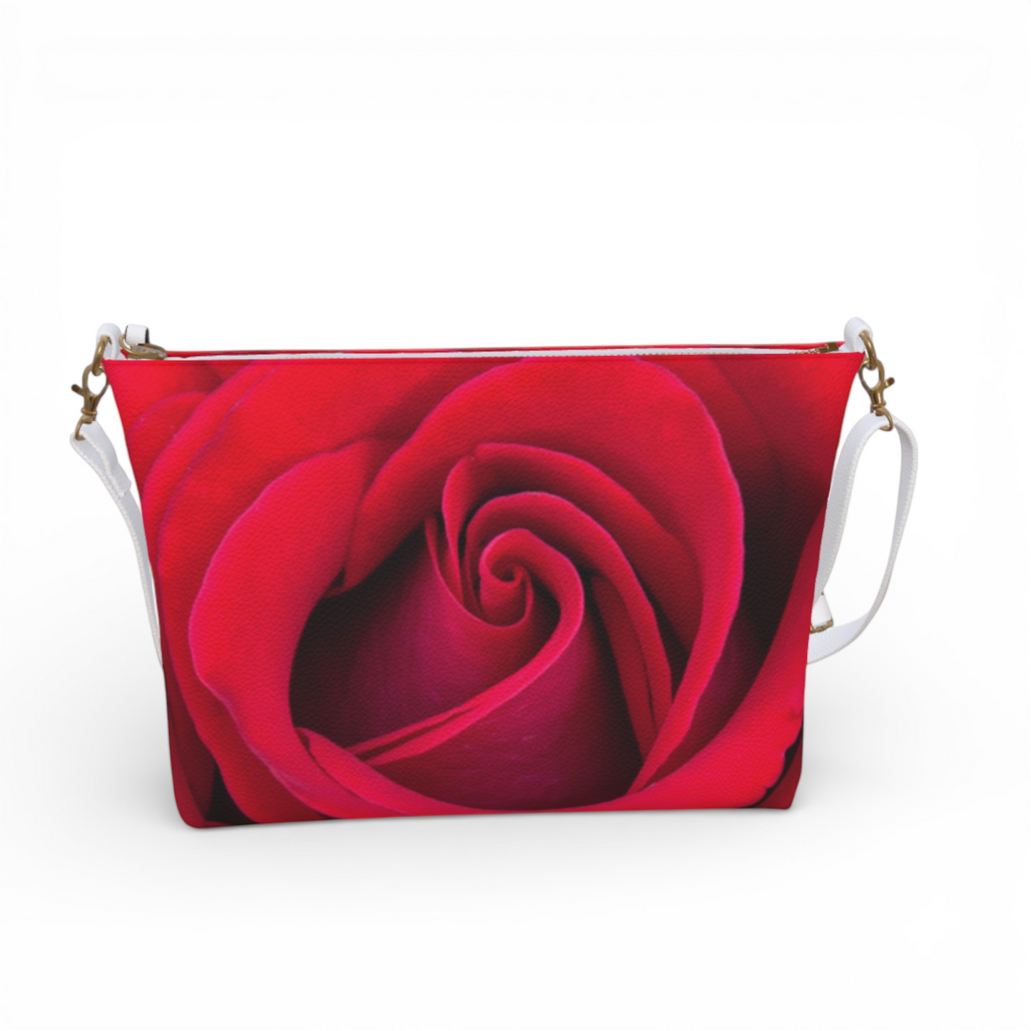Van Isle Goddess red rose vegan leather crossbody purse with adjustable white strap and gold hardware.
