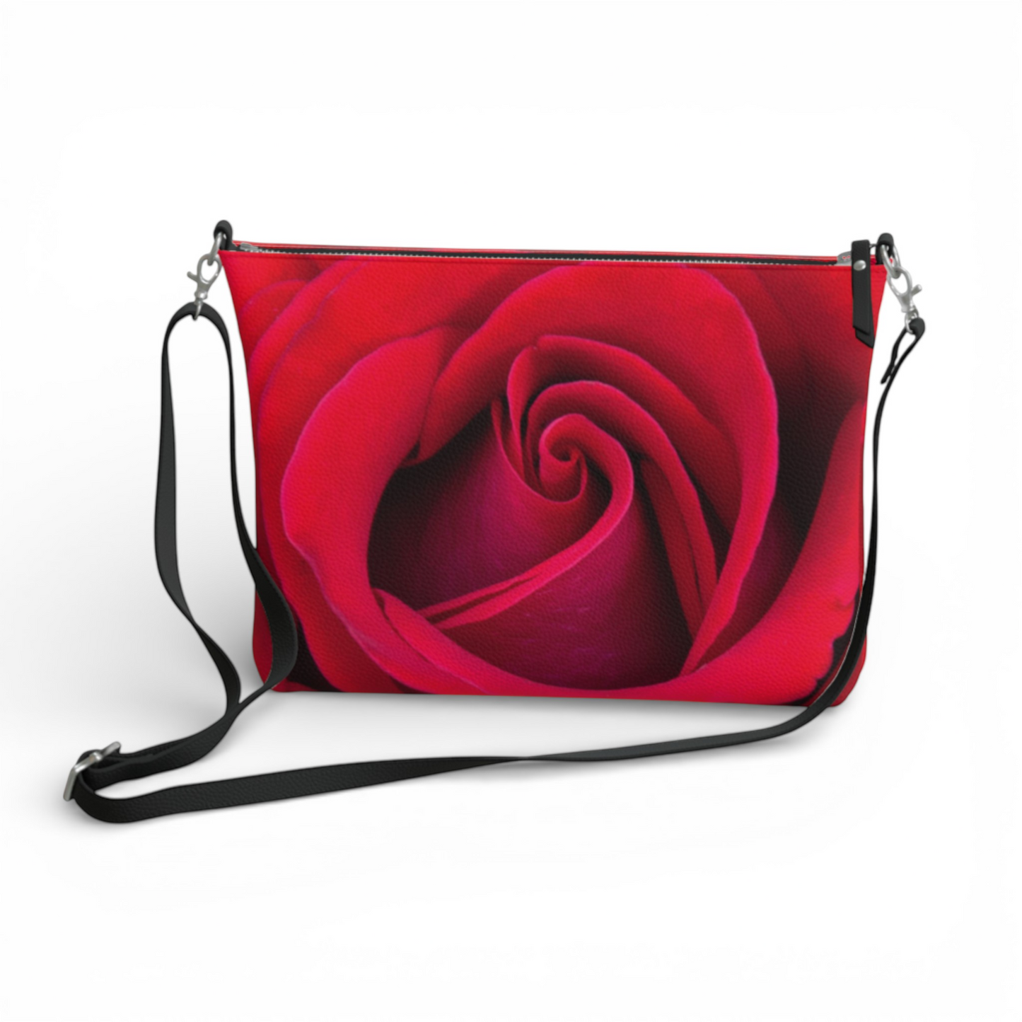 Van Isle Goddess red rose vegan leather crossbody purse with adjustable strap and metal hardware.