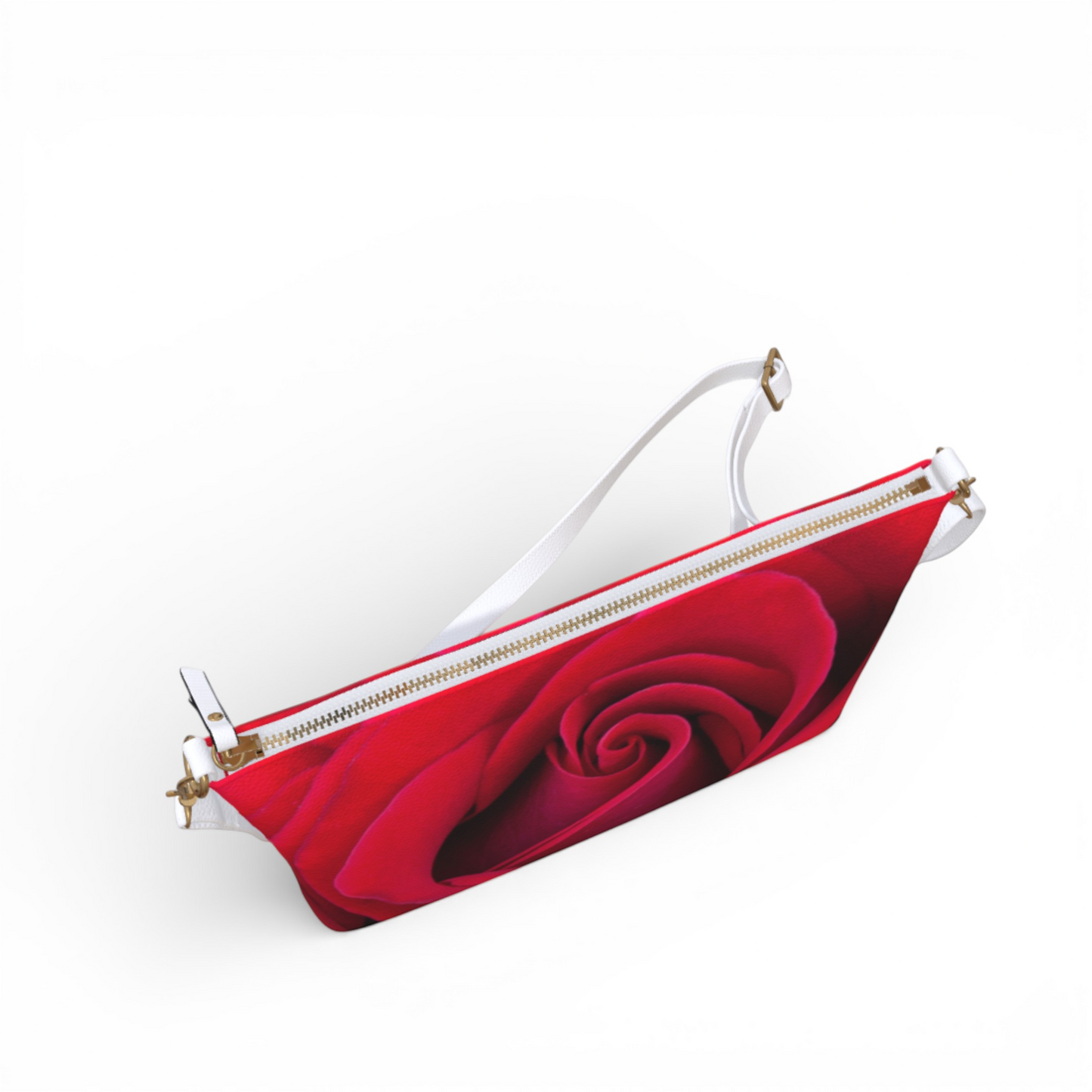 Van Isle Goddess red rose vegan leather crossbody purse with adjustable white strap and gold zipper.