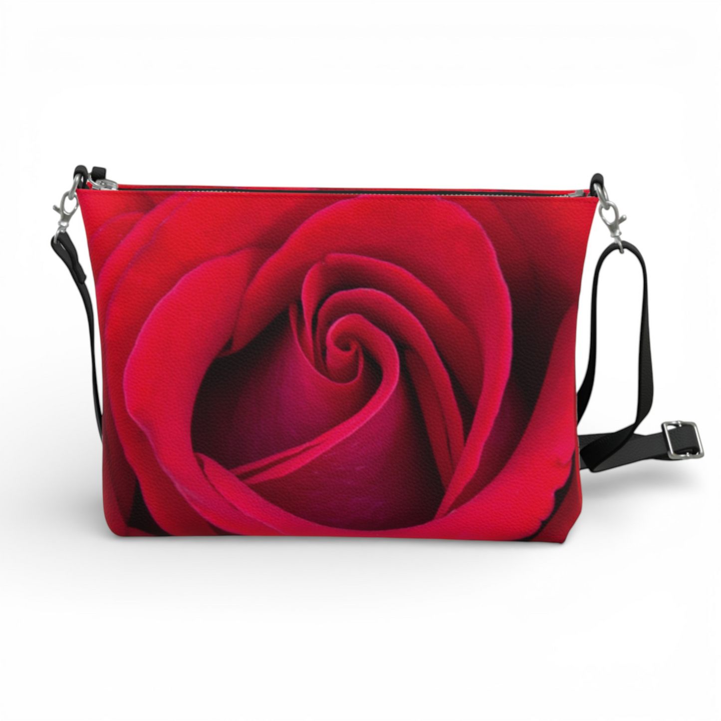 Van Isle Goddess red rose vegan leather crossbody purse with adjustable strap and metal hardware.