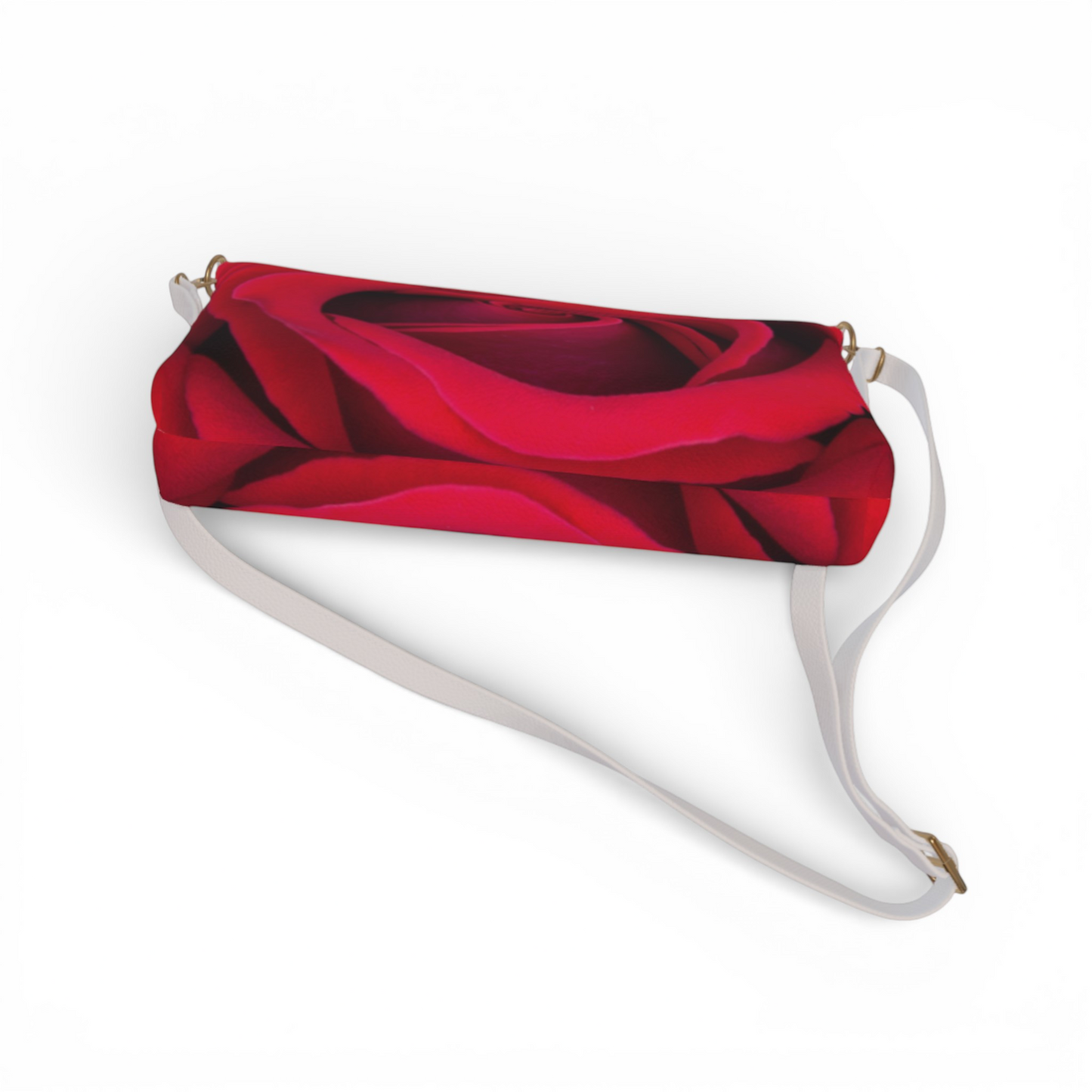 Van Isle Goddess red rose vegan leather crossbody purse with adjustable strap and metal hardware.
