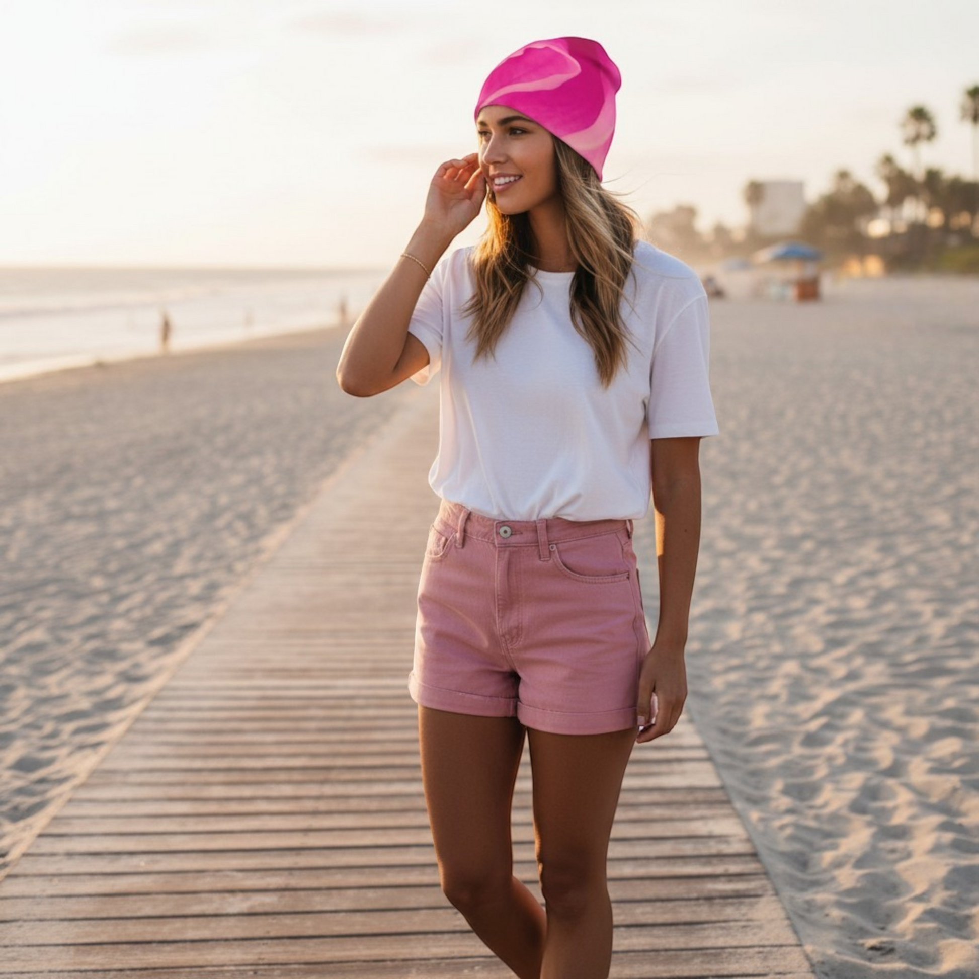 Van Isle Goddess Rose Petal Kiss Beanie with bamboo lining, pink swirl pattern, perfect for beach or hiking.
