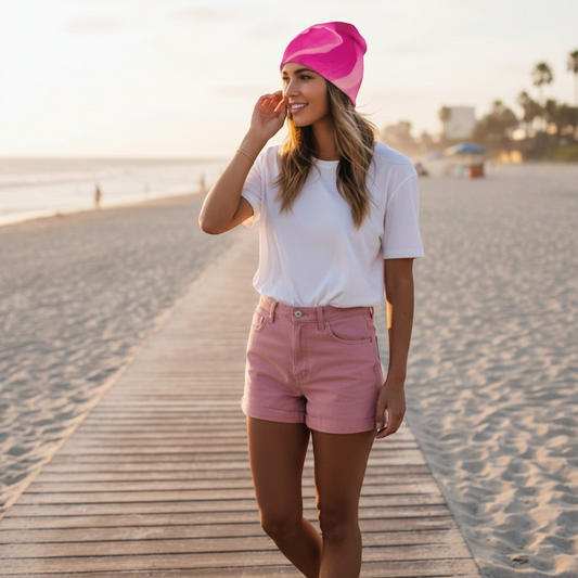 Van Isle Goddess Rose Petal Kiss Beanie with bamboo lining, pink swirl pattern, perfect for beach or hiking.
