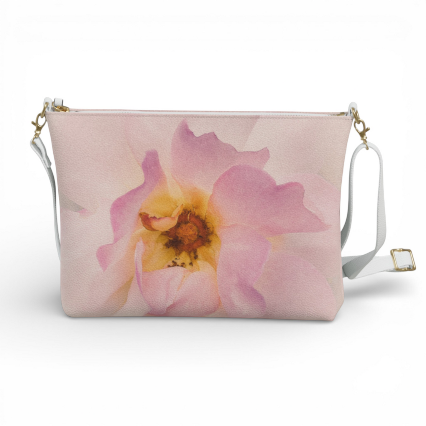 Van Isle Goddess Center of My Universe crossbody purse with pink rose print, vegan leather, adjustable strap, and gold hardware.