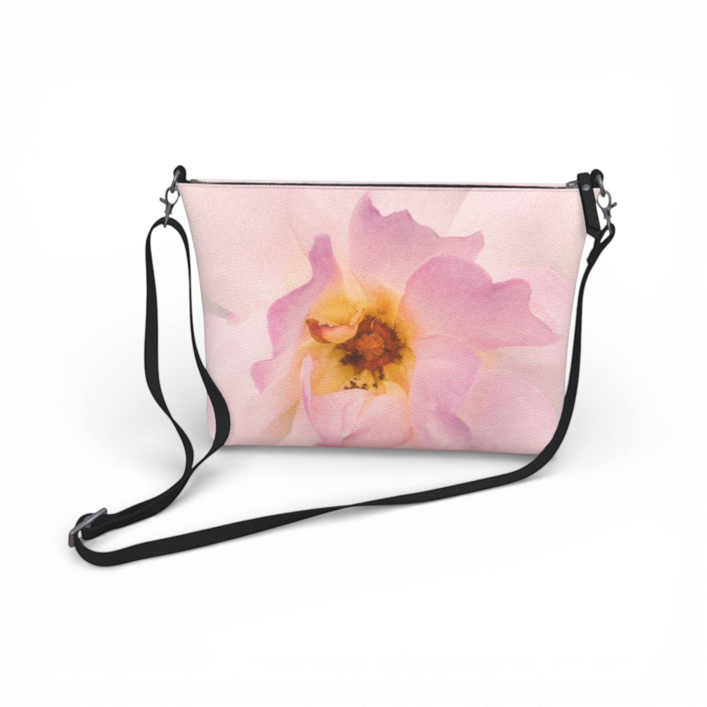 Van Isle Goddess Center of My Universe crossbody purse with pink rose print, vegan leather, adjustable strap.