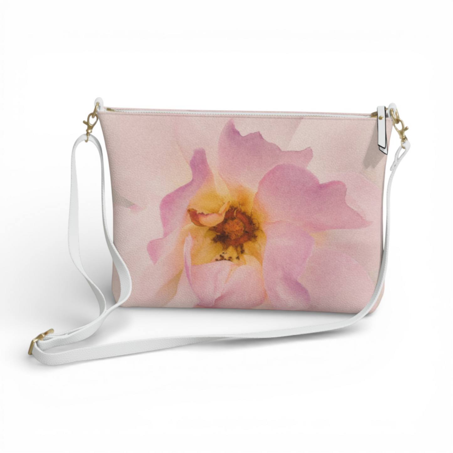 Van Isle Goddess Center of My Universe crossbody purse with pink rose print on vegan leather, adjustable white strap.