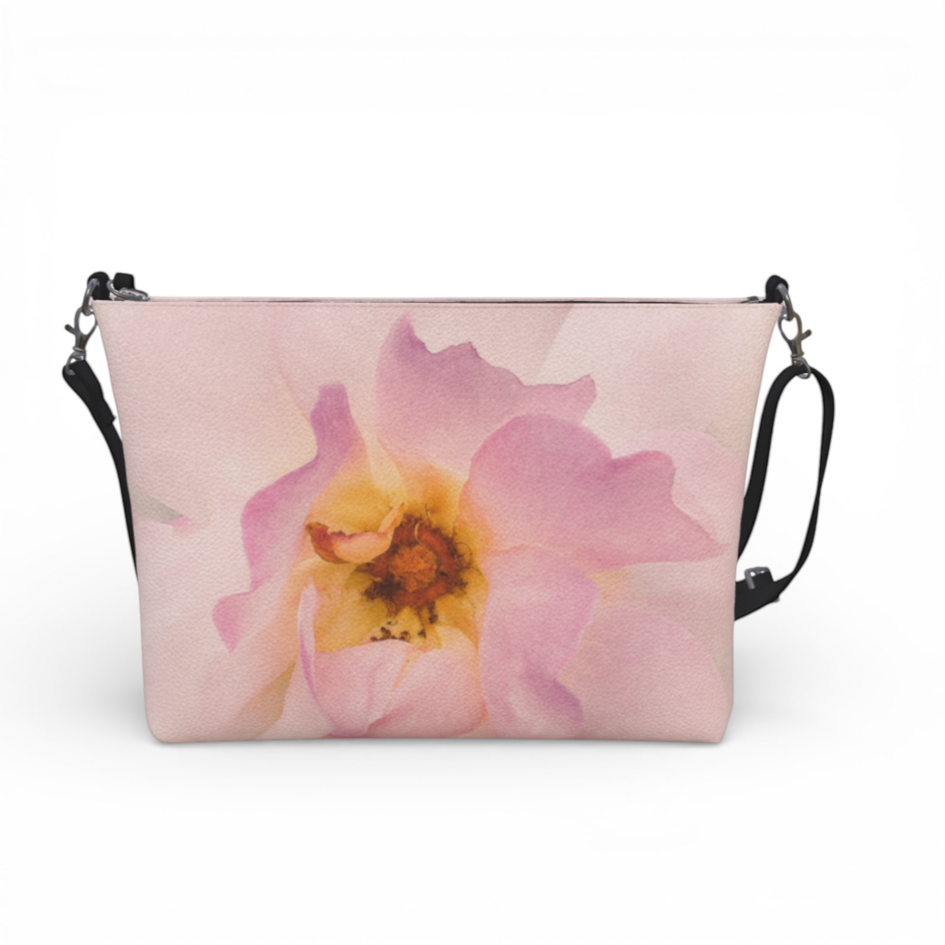 Van Isle Goddess Center of My Universe crossbody purse with pink rose print on vegan leather, adjustable strap.