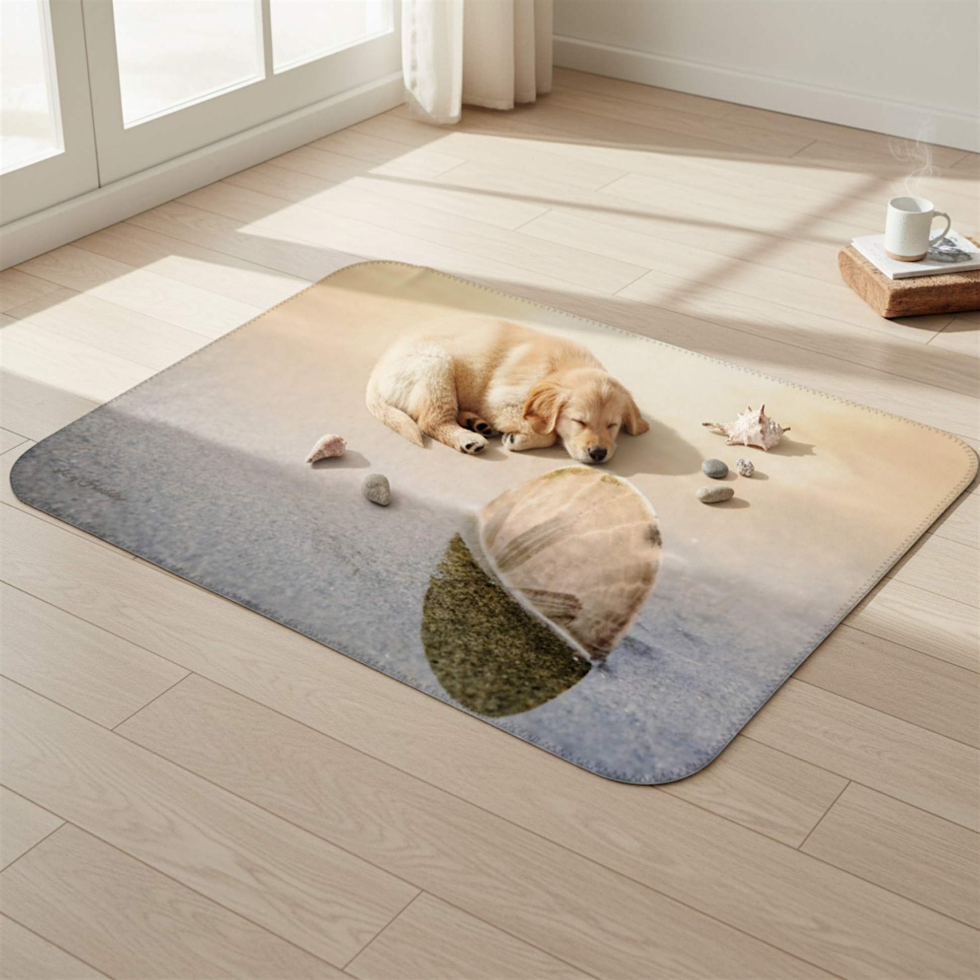 Van Isle Goddess sand dollar blanket in soft minky fabric, featuring a close-up of a sand dollar on a beach at sunset.