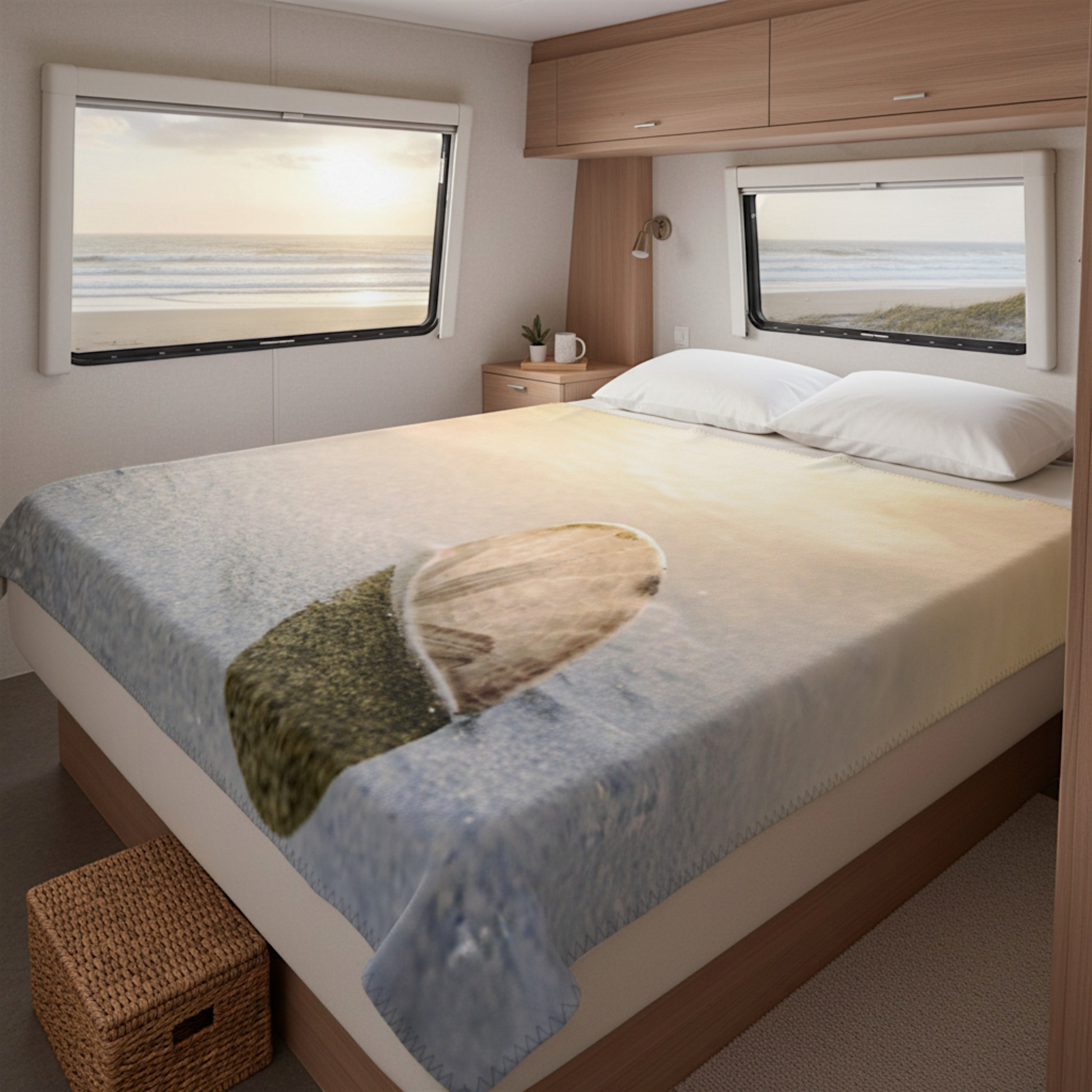 Van Isle Goddess sand dollar blanket in soft minky fabric, featuring a sand dollar on a beach at sunset.