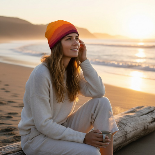 Van Isle Goddess Saratoga Sunset Beanie, a slouchy, lightweight polyester and spandex hat with bamboo lining in sunset ombre colors.