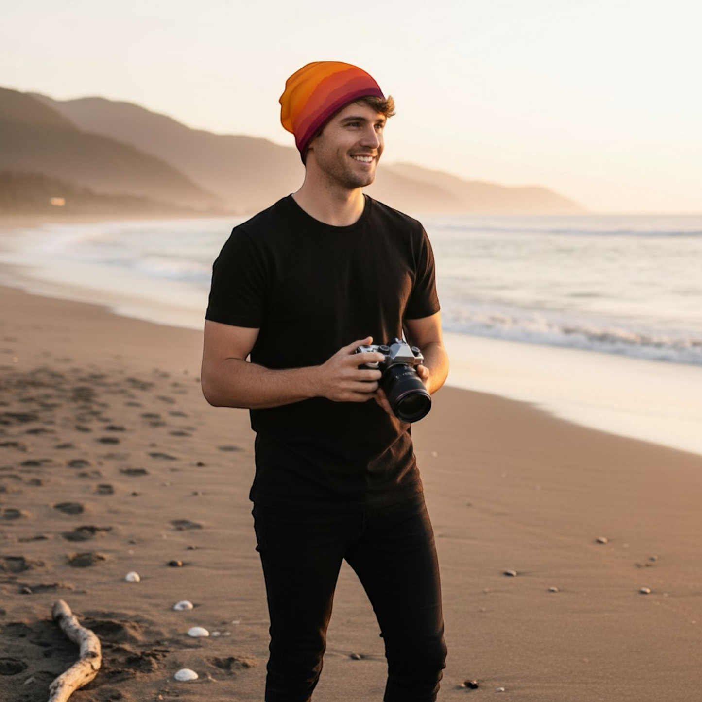 Van Isle Goddess Saratoga Sunset Beanie with orange, red, and purple stripes. Bamboo lined polyester spandex blend.
