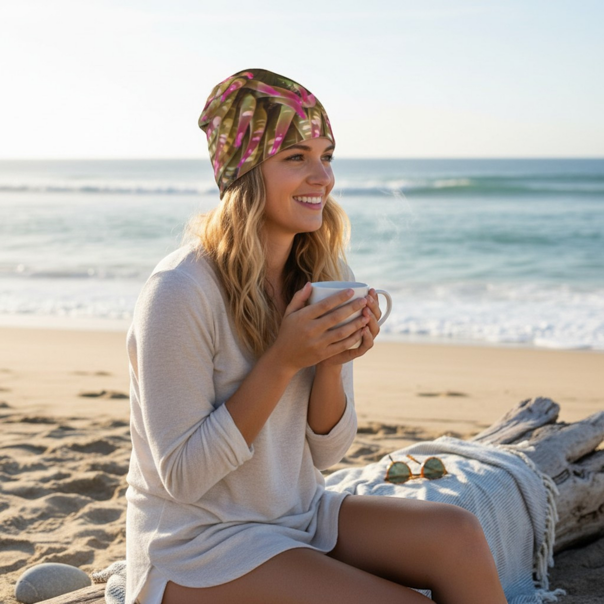 Van Isle Goddess Enchanted Sea Anemone Beanie with bamboo lining, polyester-spandex blend, and vibrant pink and green print.