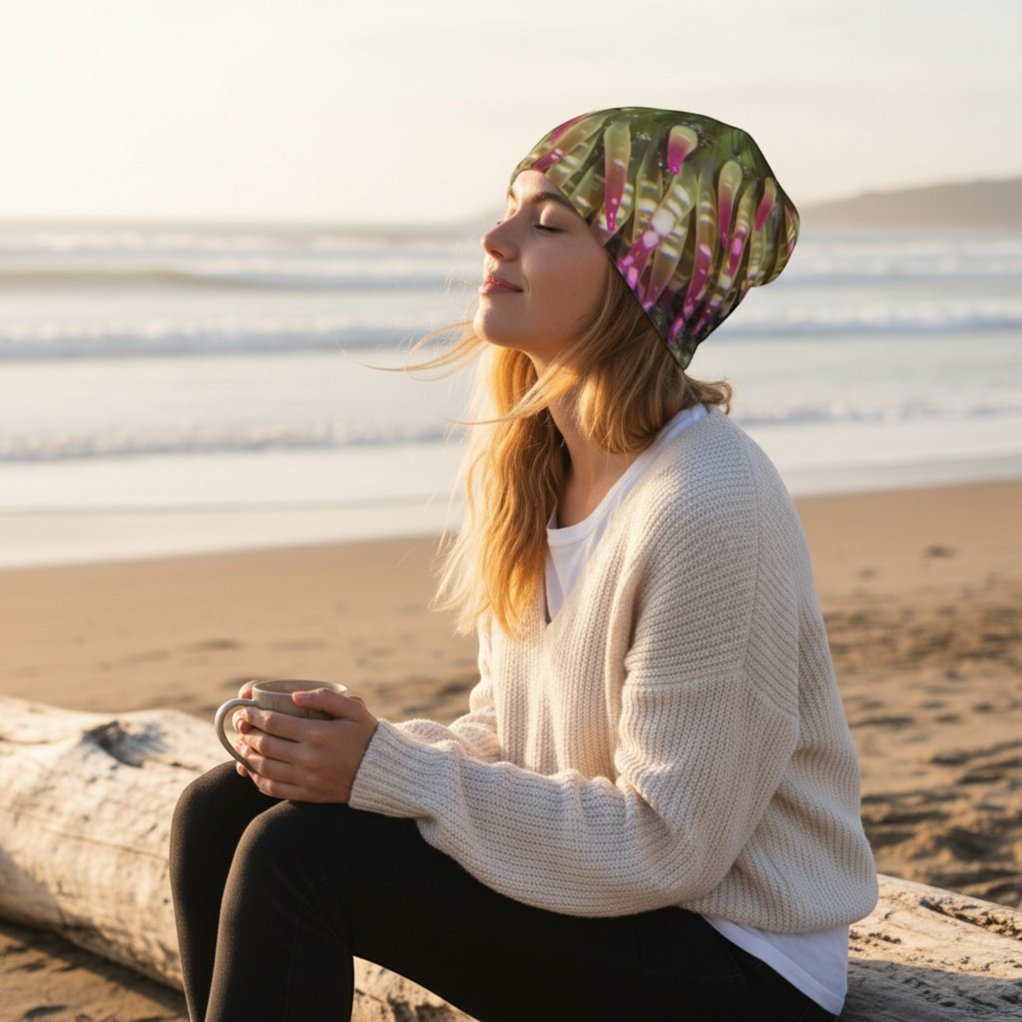 Van Isle Goddess Enchanted Sea Anemone Beanie with bamboo lining, pink and green anemone print, slouchy fit.