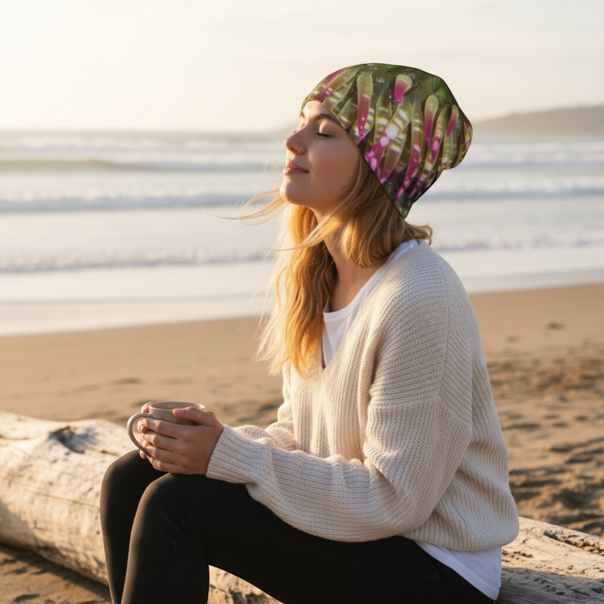 Van Isle Goddess Enchanted Sea Anemone Beanie with bamboo lining, pink and green anemone print, slouchy fit.