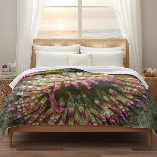 Van Isle Goddess Sea Anemone blanket, soft polyester minky fabric with pink and green tentacles, perfect for coastal decor.