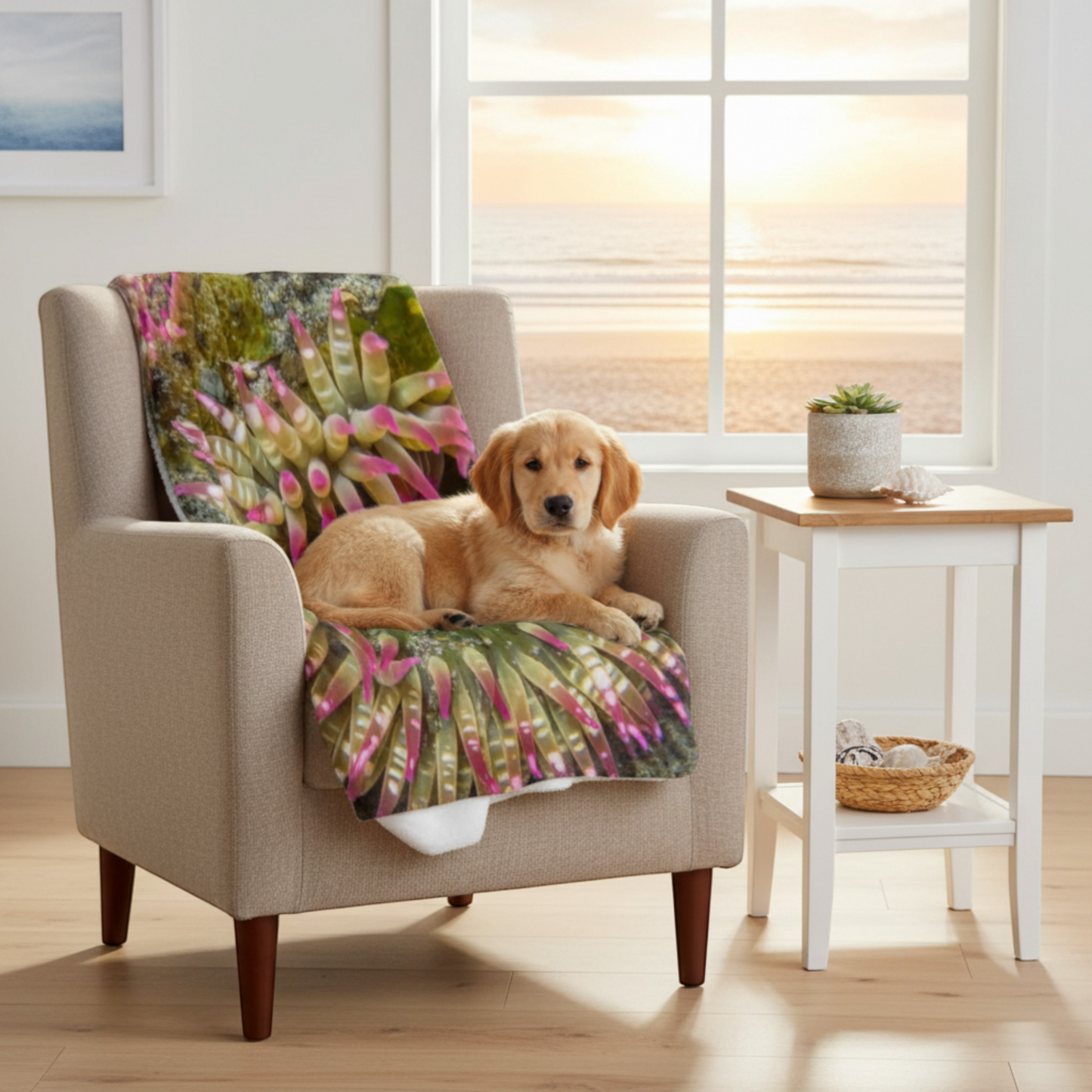 Van Isle Goddess Sea Anemone blanket with pink tentacles, green body, and sandy background. Made of soft polyester minky fabric.