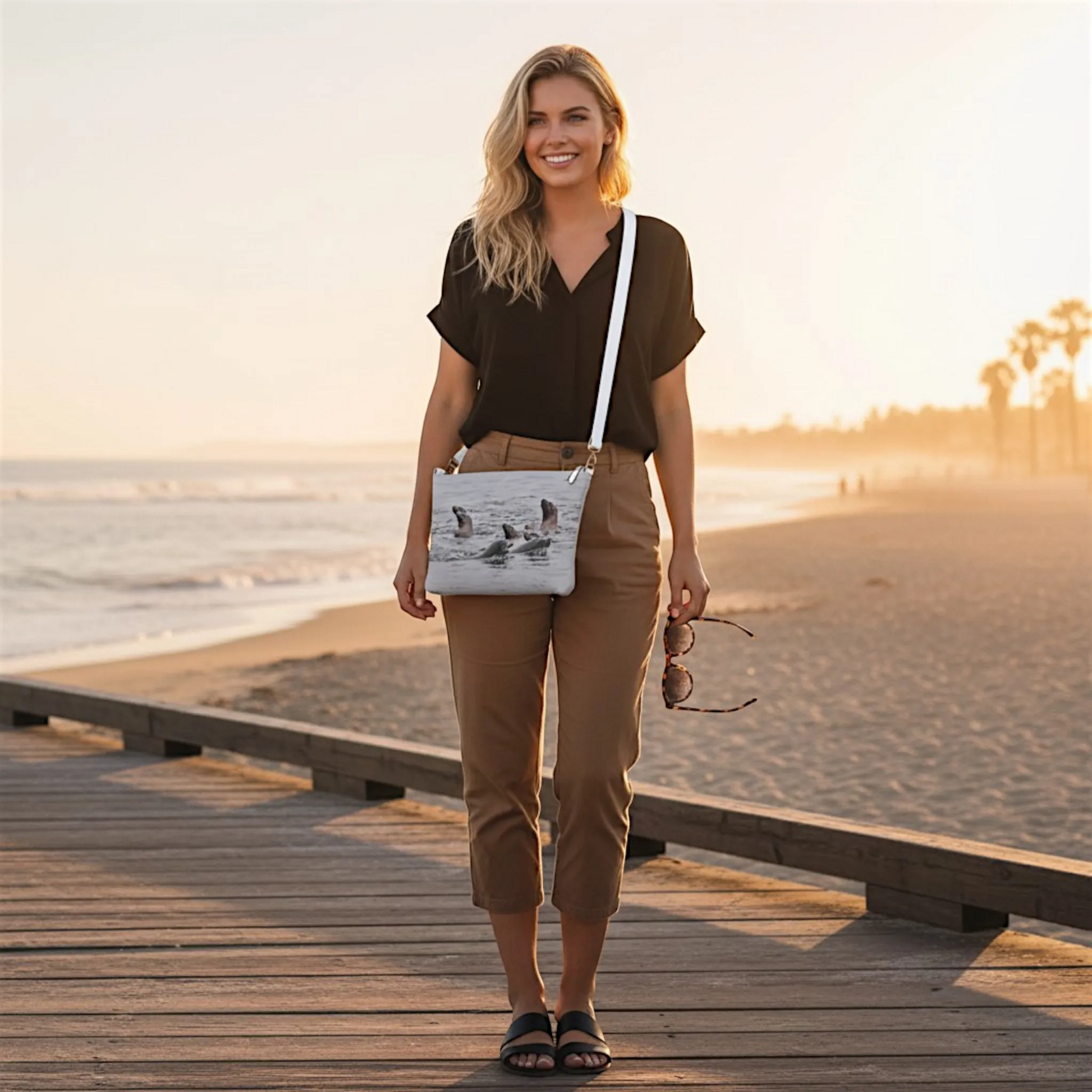 Van Isle Goddess Sea Lions vegan leather crossbody purse with adjustable strap and sea lion print.