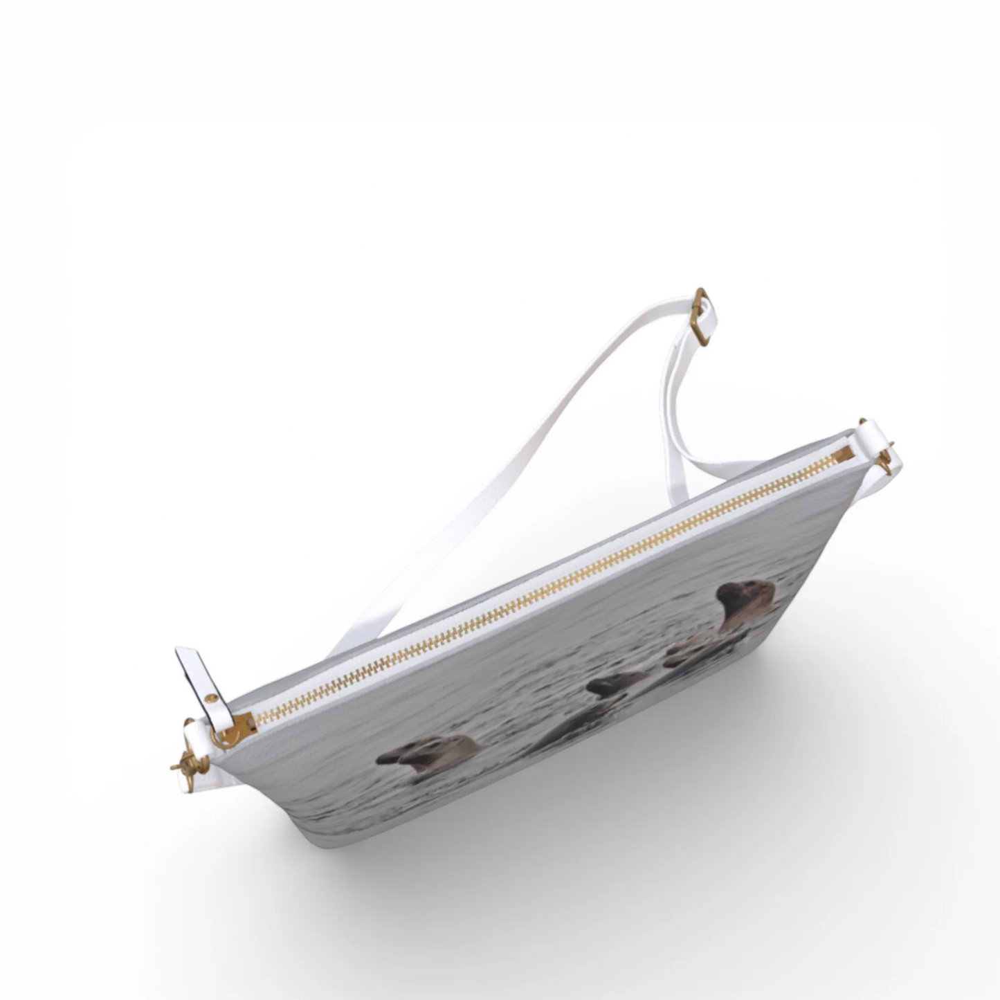 Van Isle Goddess Sea Lions vegan leather crossbody purse with adjustable strap and gold zipper.