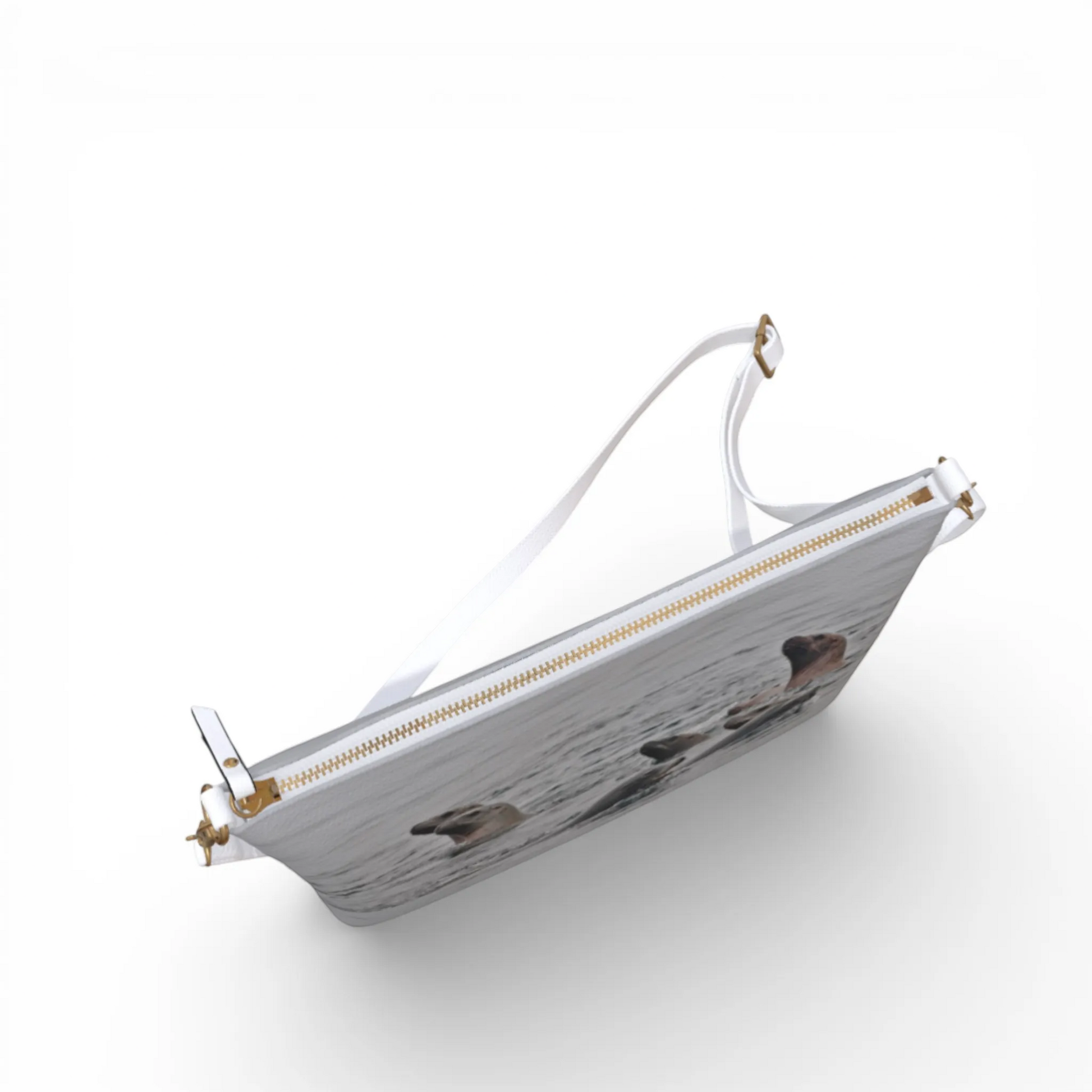 Van Isle Goddess Sea Lions vegan leather crossbody purse with adjustable strap and gold zipper.