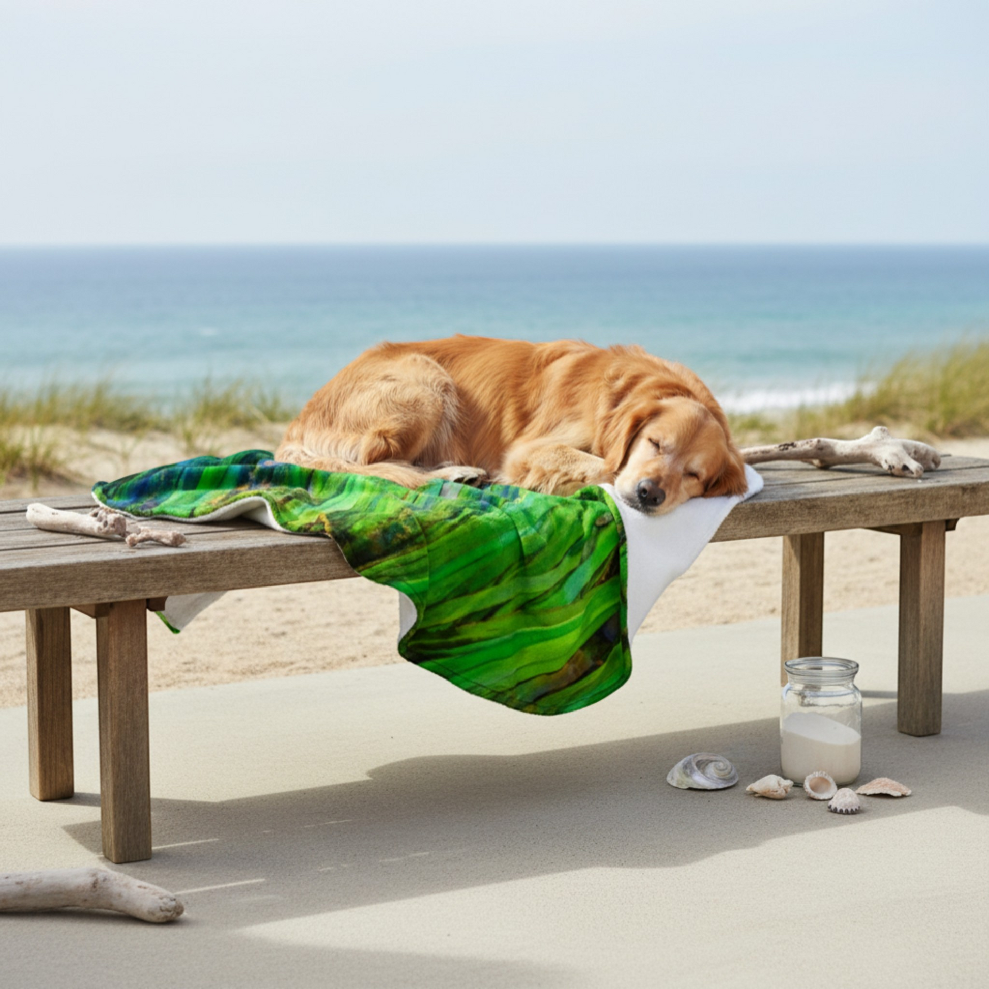 Van Isle Goddess Shades of Green Coastal Blanket, soft polyester minky fabric with a sea grass print.