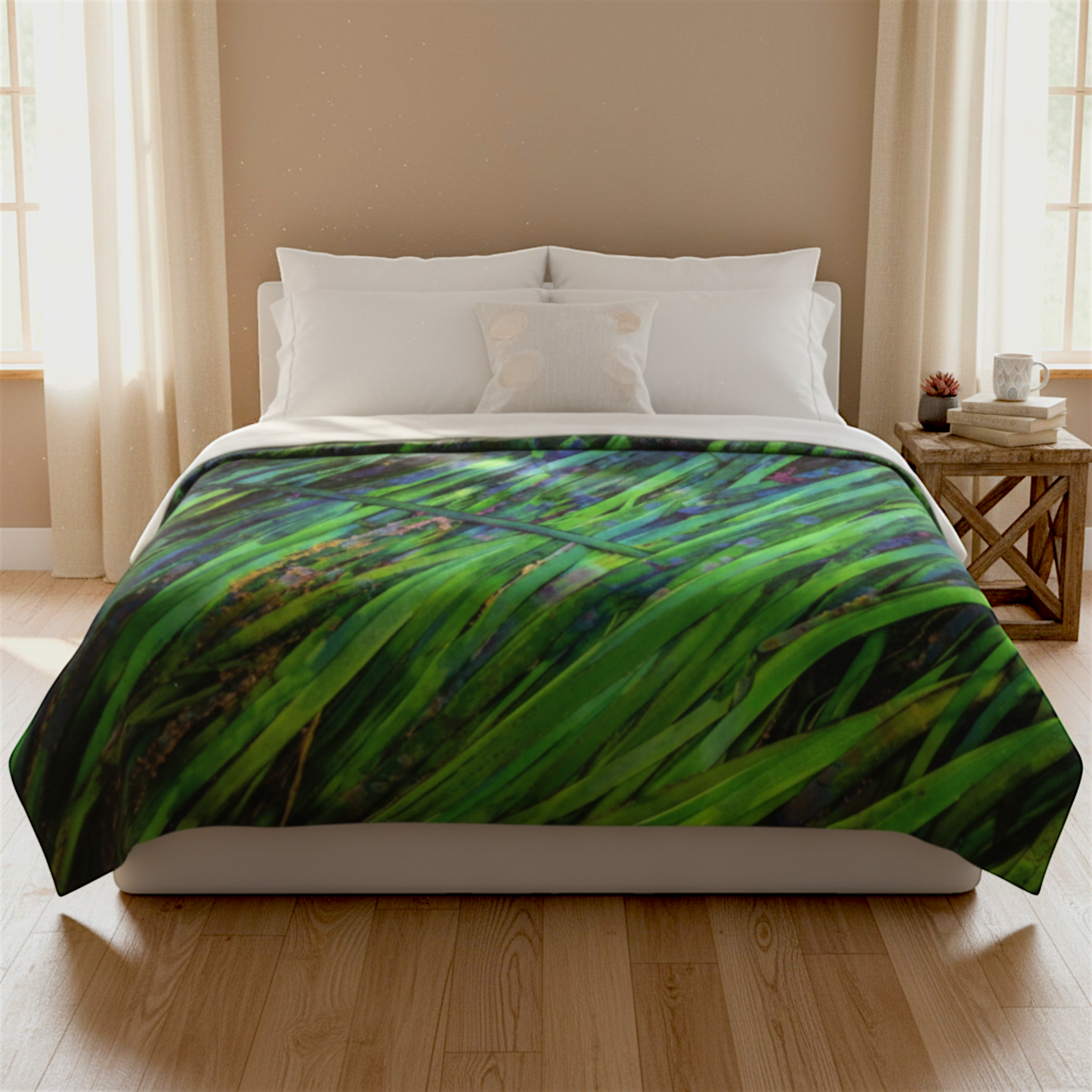 Van Isle Goddess Shades of Green Coastal Blanket, featuring vibrant green and blue sea grass pattern on soft minky fabric.