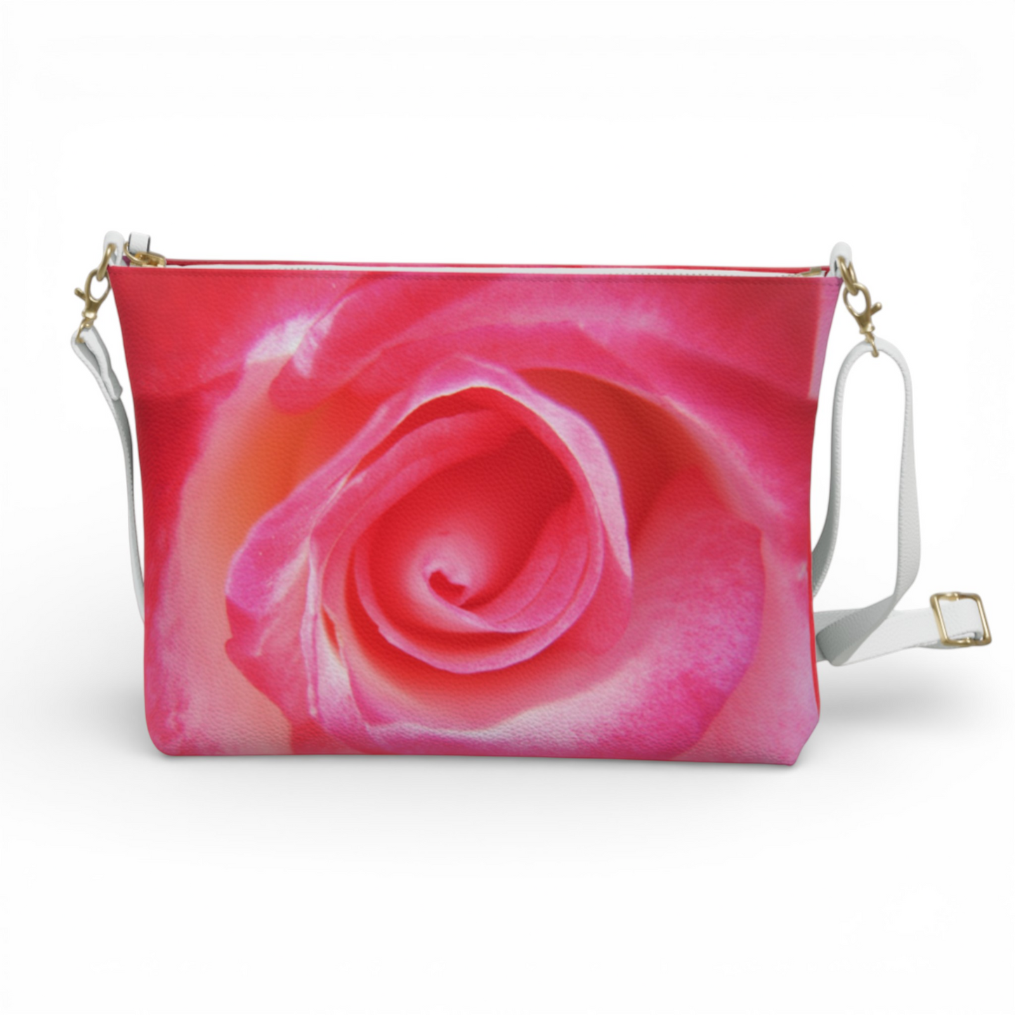 Van Isle Goddess Sparkle Rose vegan leather crossbody purse with adjustable white strap and gold hardware.