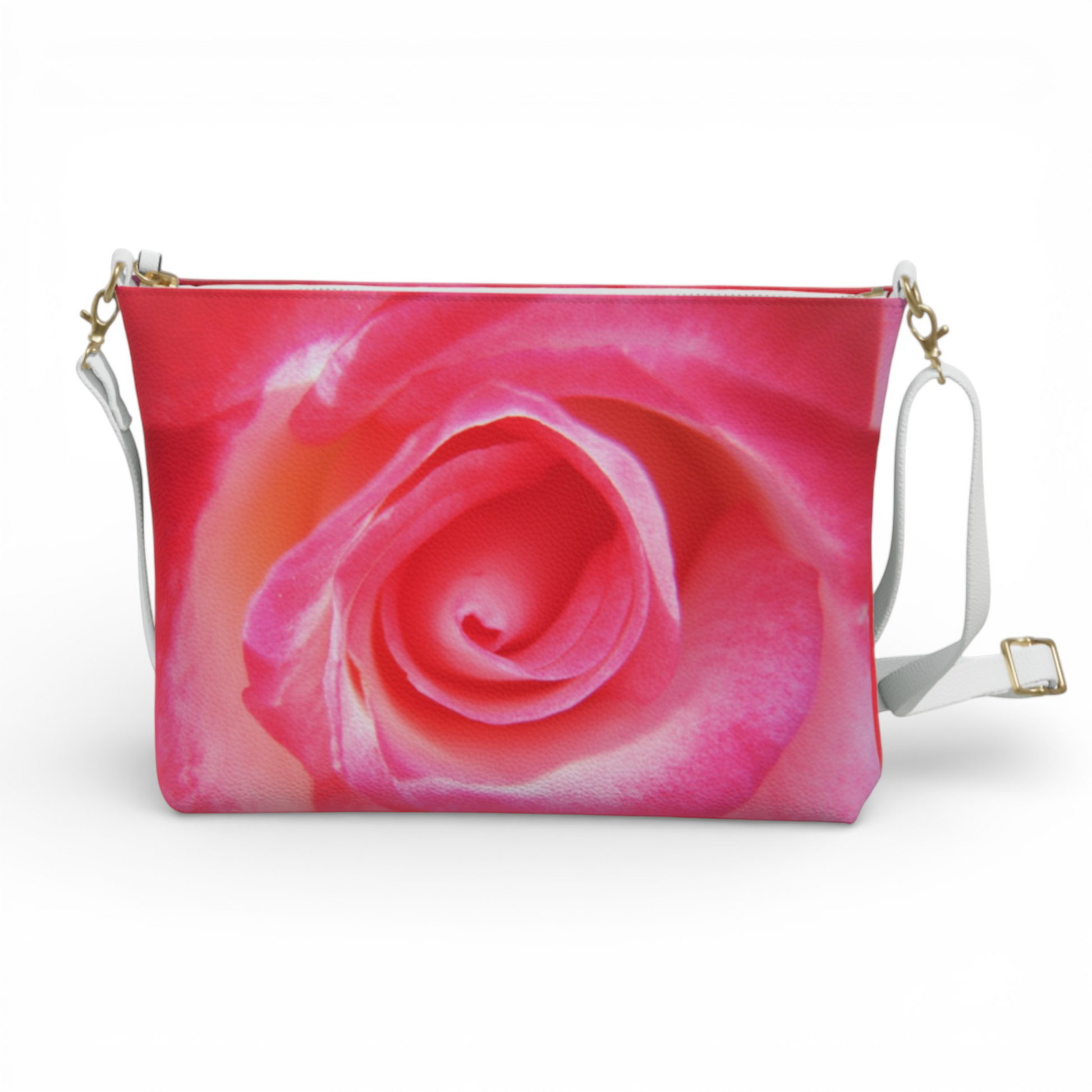 Van Isle Goddess Sparkle Rose vegan leather crossbody purse with adjustable white strap and gold hardware.