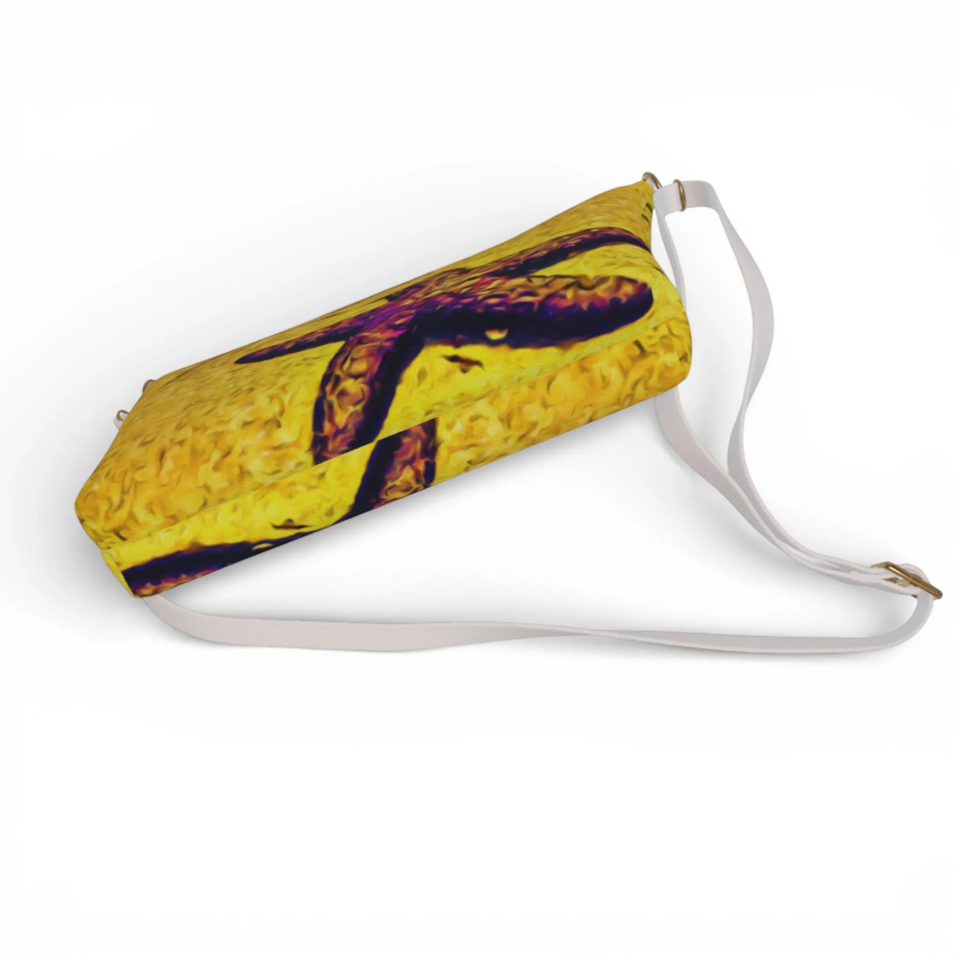 Van Isle Goddess Star Track crossbody purse in yellow vegan leather with a purple star design and adjustable white strap.