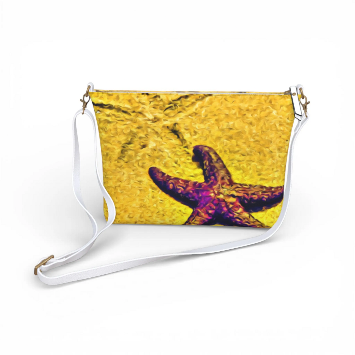 Van Isle Goddess Star Track crossbody purse in vegan leather with a purple starfish on a yellow textured background and a white adjustable strap.