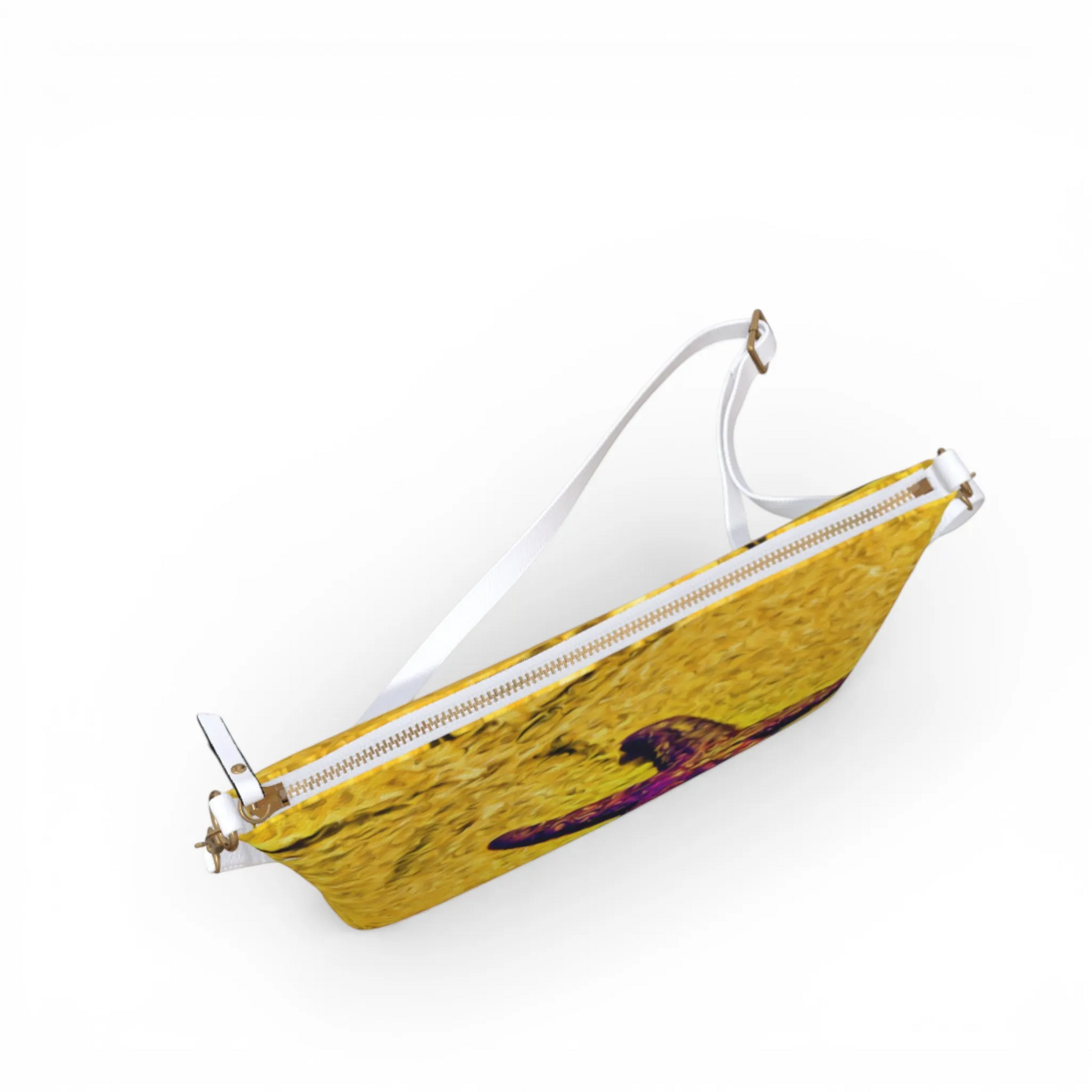 Van Isle Goddess Star Track crossbody purse in yellow with abstract print, adjustable white strap, and gold zipper.