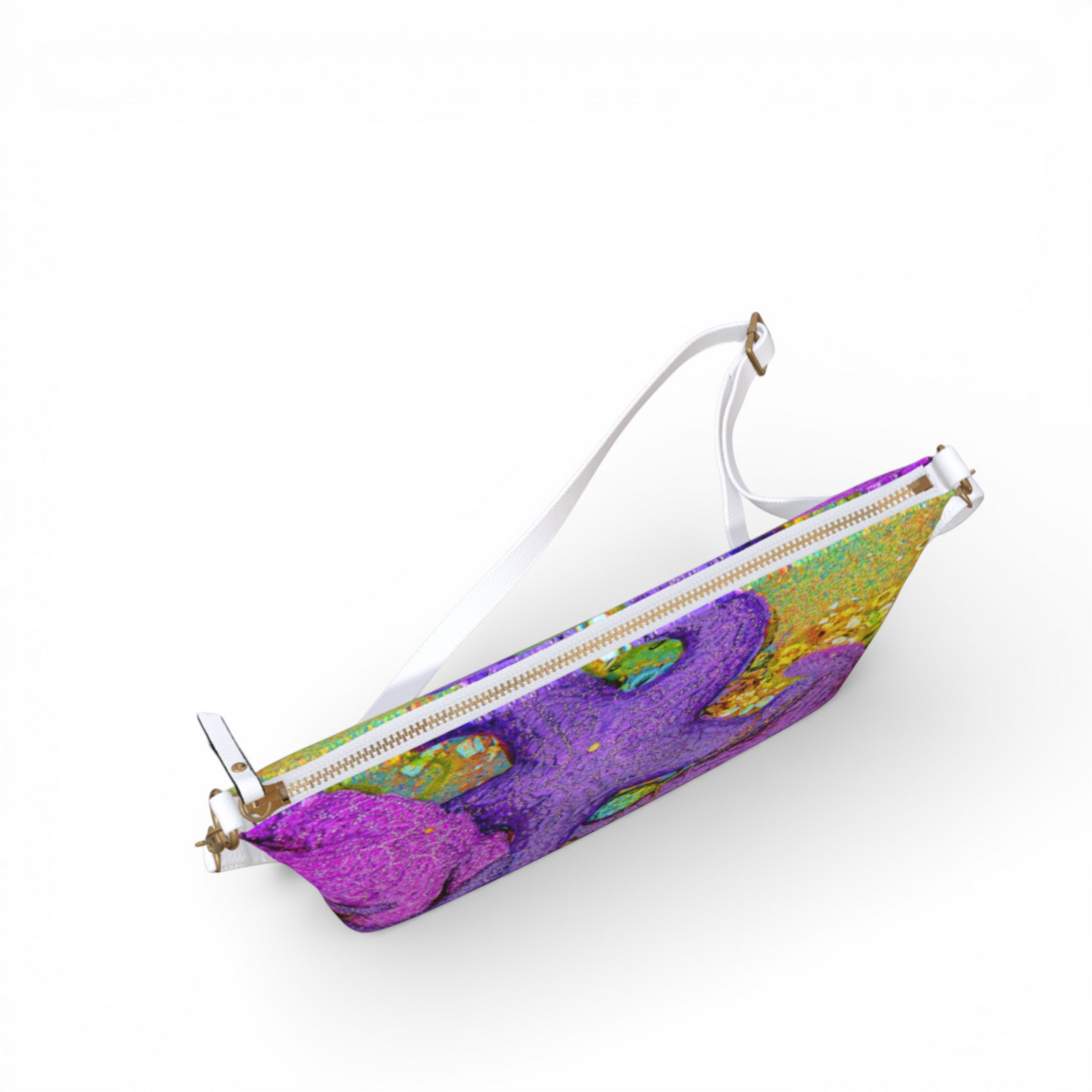 Van Isle Goddess Alberni Inlet crossbody purse in vegan leather with a purple starfish cluster print and adjustable white strap.