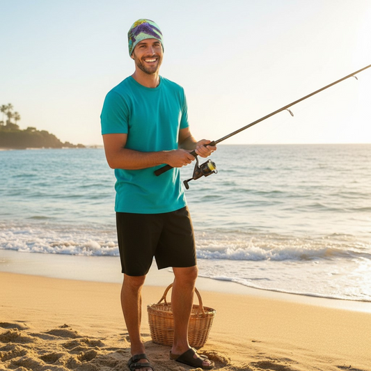 Van Isle Goddess Starfish Paradise Beanie with bamboo lining, polyester/spandex blend, slouchy fit, and vibrant print.