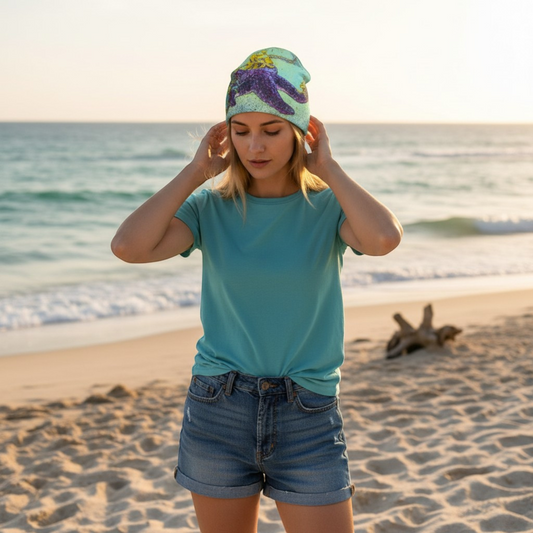 Van Isle Goddess Starfish Paradise Beanie with bamboo lining, polyester/spandex outer shell, slouchy fit, and starfish print.