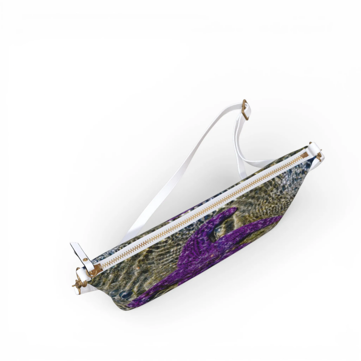 Van Isle Goddess purple starfish vegan leather crossbody purse with adjustable strap and gold zipper.