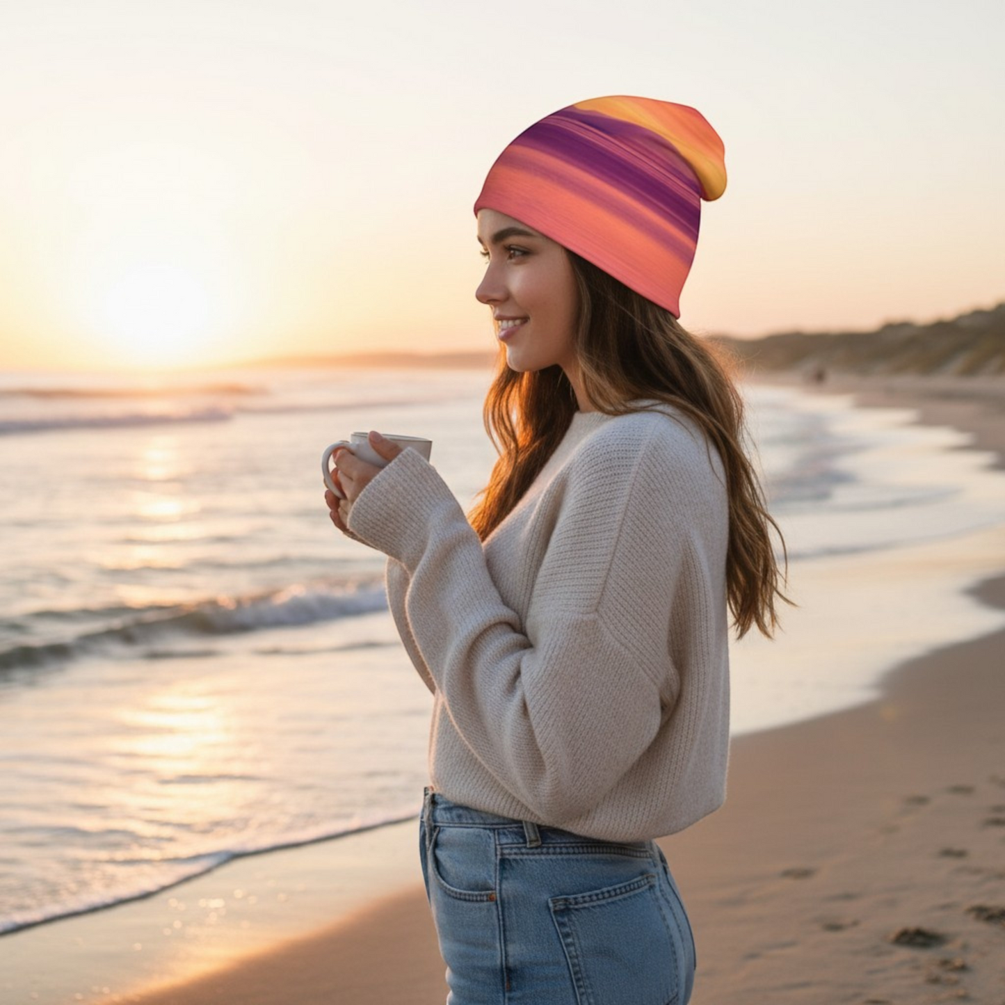 Van Isle Goddess Vancouver Island Sunset Beanie with orange, purple, and yellow stripes. Soft polyester and bamboo lining.