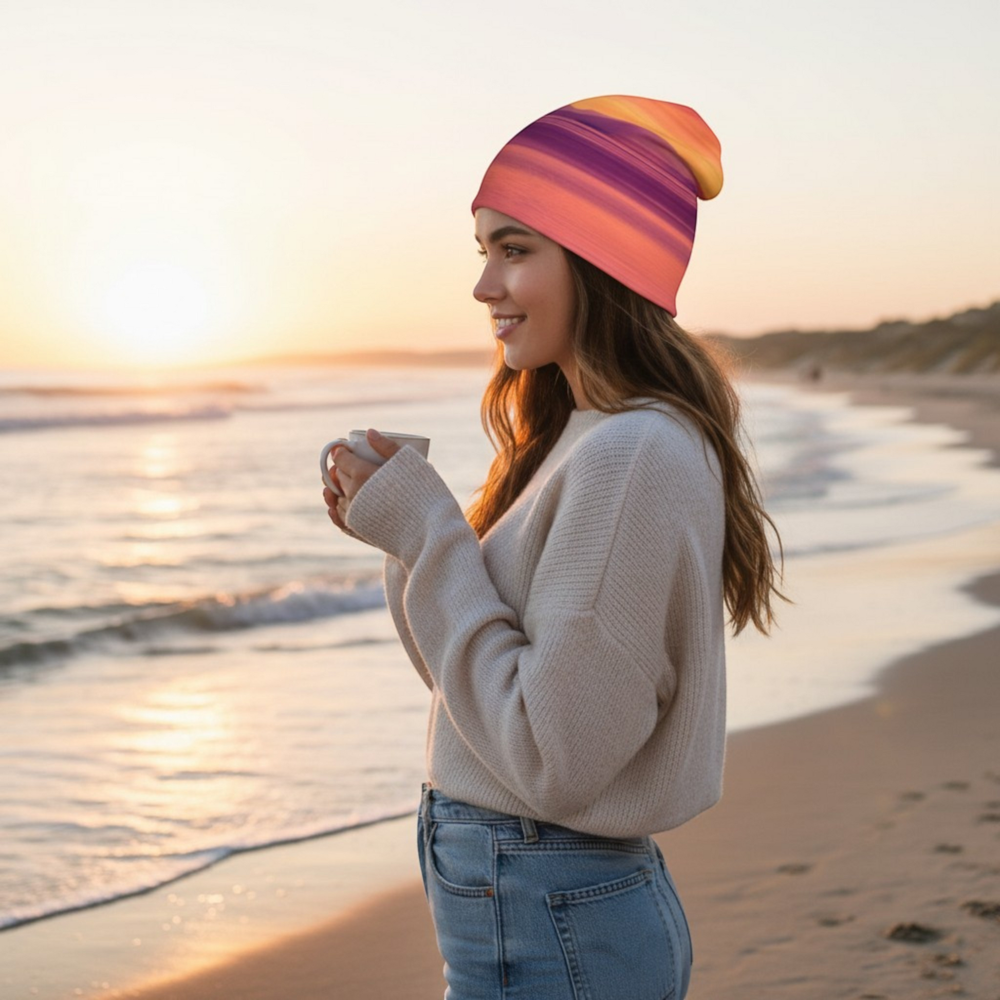 Van Isle Goddess Vancouver Island Sunset Beanie with orange, purple, and yellow stripes. Soft polyester and bamboo lining.