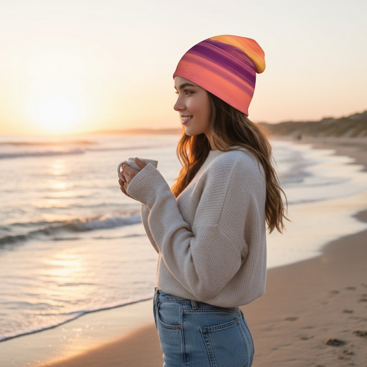 Van Isle Goddess Vancouver Island Sunset Beanie with orange, purple, and yellow stripes. Soft polyester and bamboo lining.