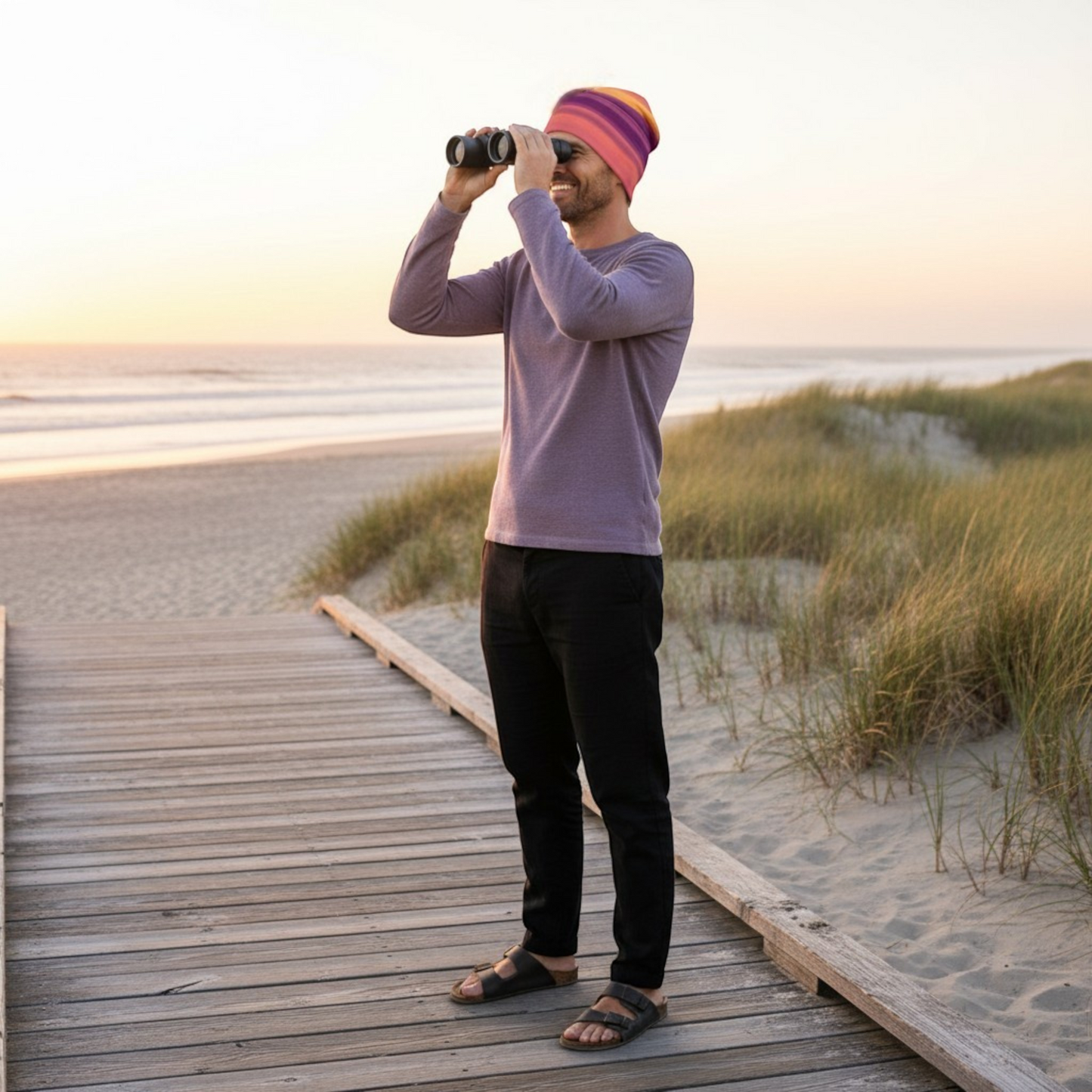 Van Isle Goddess Vancouver Island Sunset Beanie with pink, orange, and purple stripes. Lightweight bamboo lining, perfect for beach or hiking.