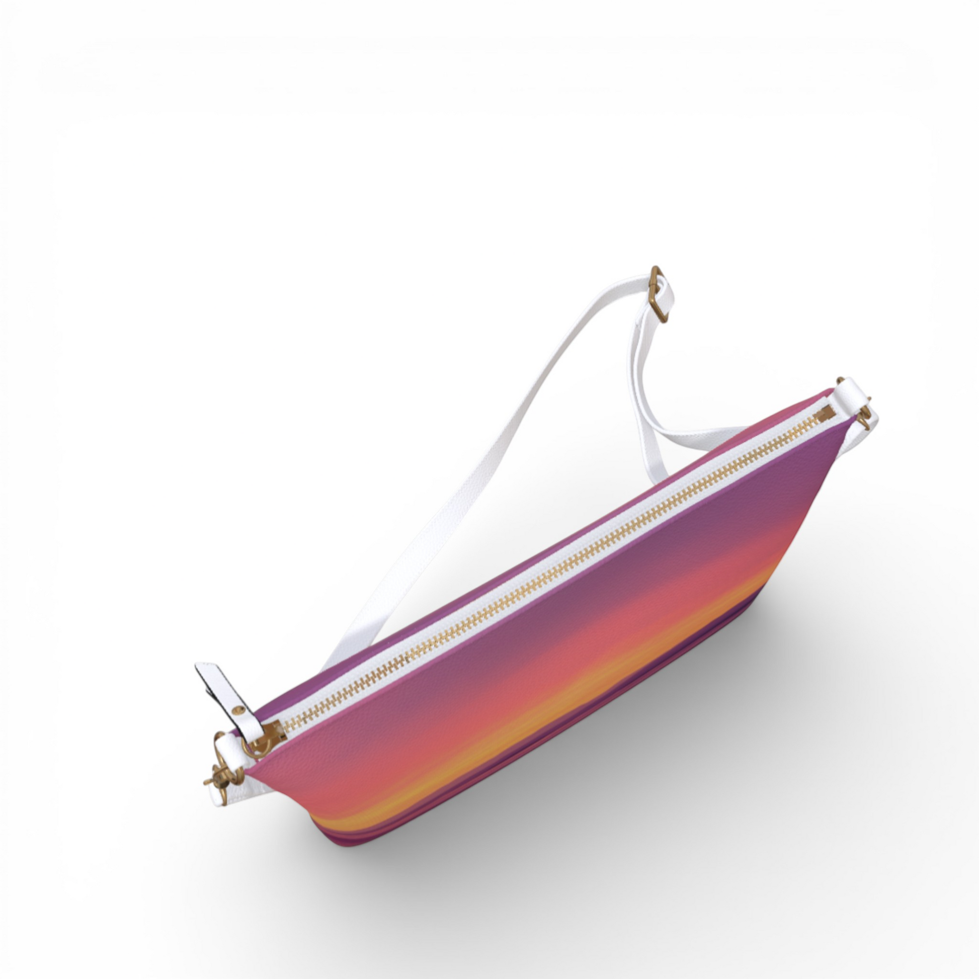 Van Isle Goddess Vancouver Island Sunset vegan leather crossbody purse with adjustable strap and gold zipper.